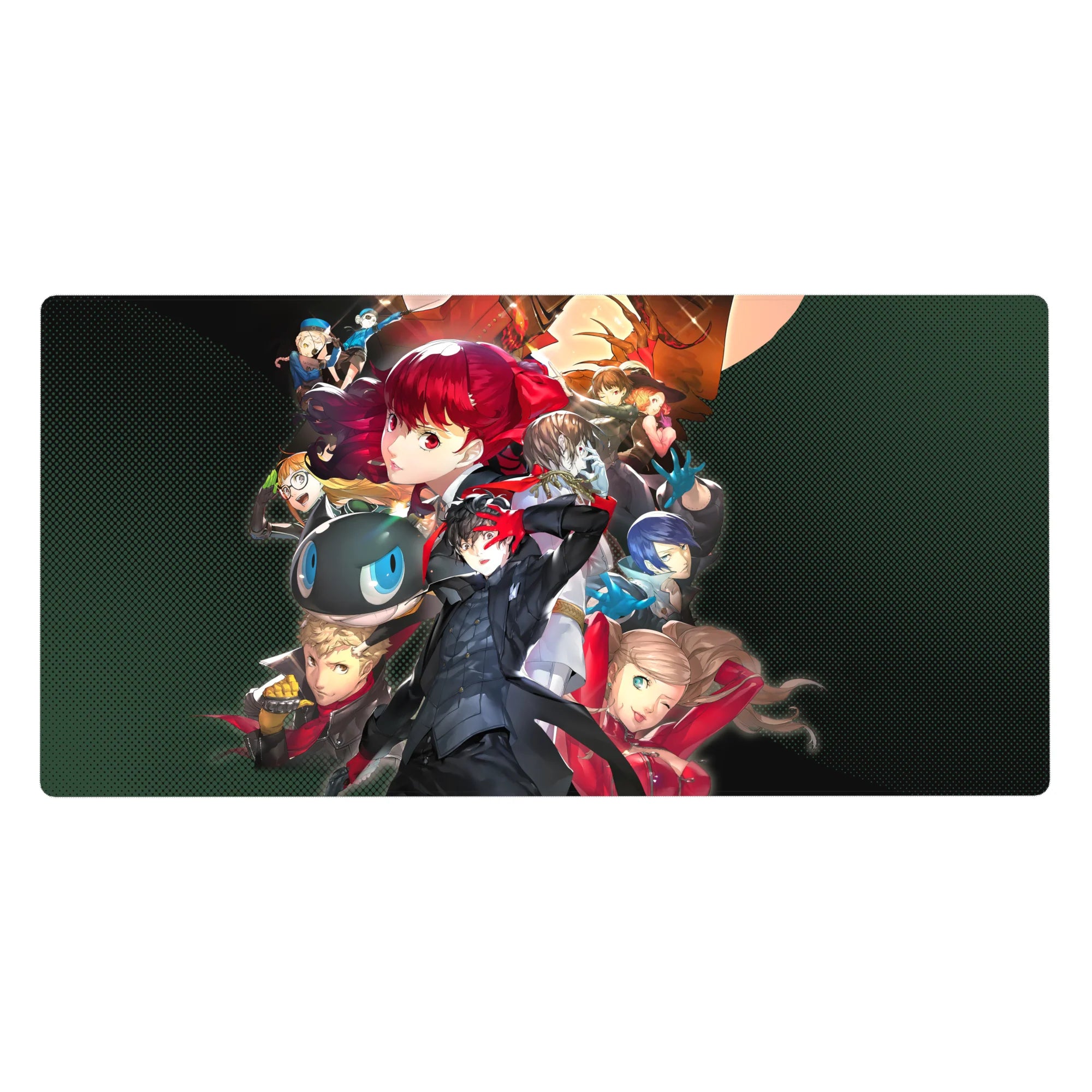 Persona 5 desk pad, 40x20 inches, featuring Joker, Mona, and Kasumi in dynamic poses with vibrant colors and action.