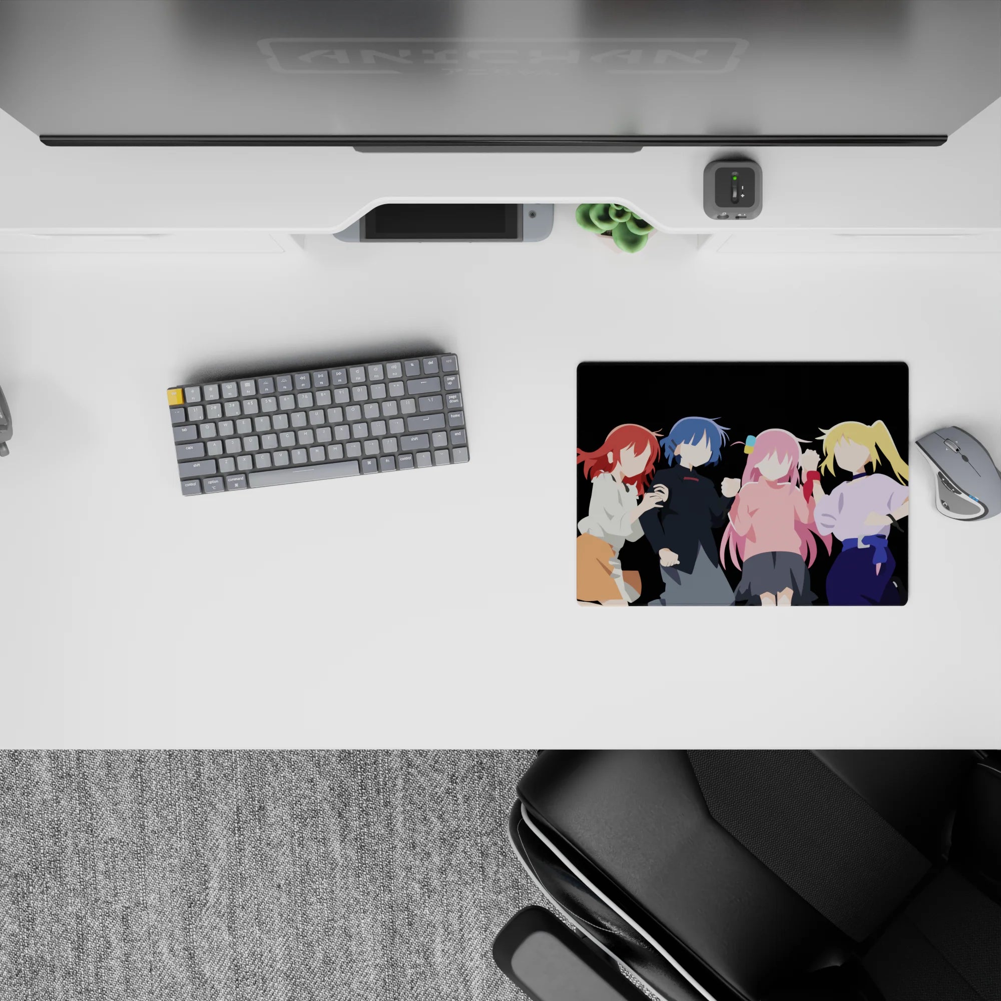 14x10 inches anime girl mouse pad in bold red, blue, pink, and blonde accents on deep black, cozy vibe.
