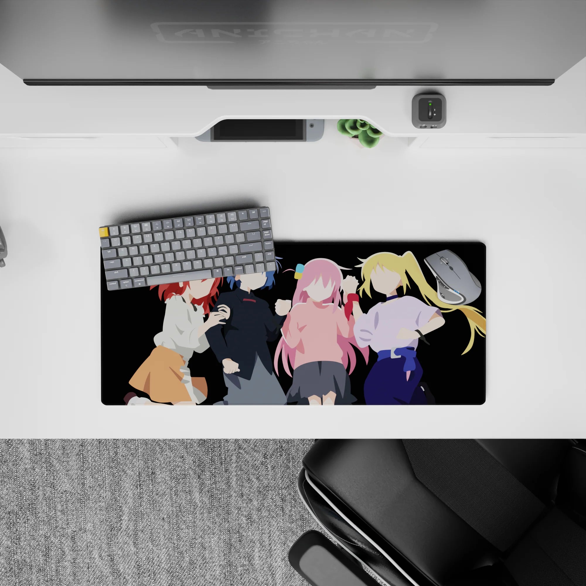 28x12 inches kawaii anime mouse pad in bold red, blue, pink, and blonde on deep black.