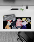 28x12 inches kawaii anime mouse pad in bold red, blue, pink, and blonde on deep black.