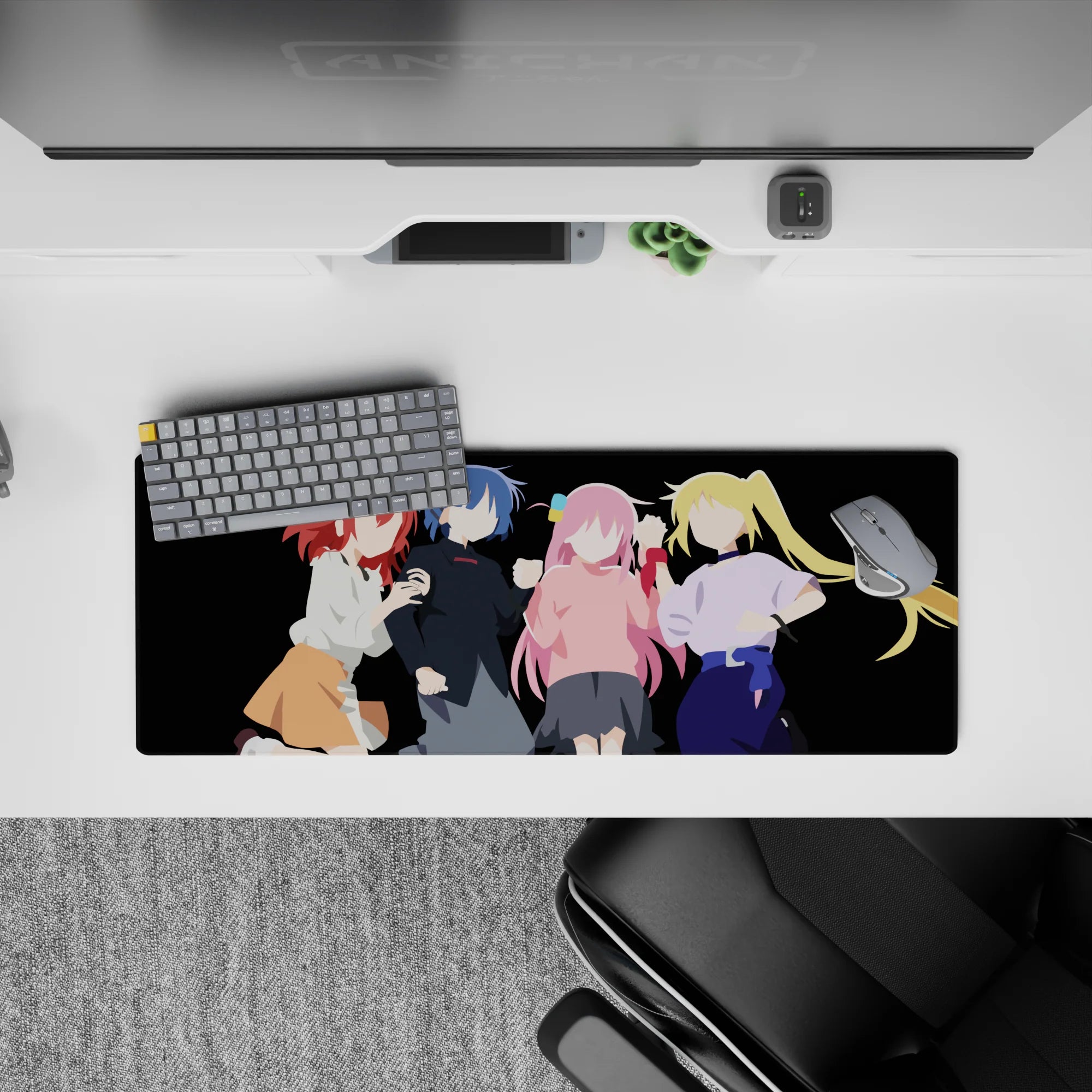 32x12 inches anime girl mouse pad in bold colors on black, cozy confident vibe with clean shapes.