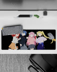 32x12 inches anime girl mouse pad in bold colors on black, cozy confident vibe with clean shapes.