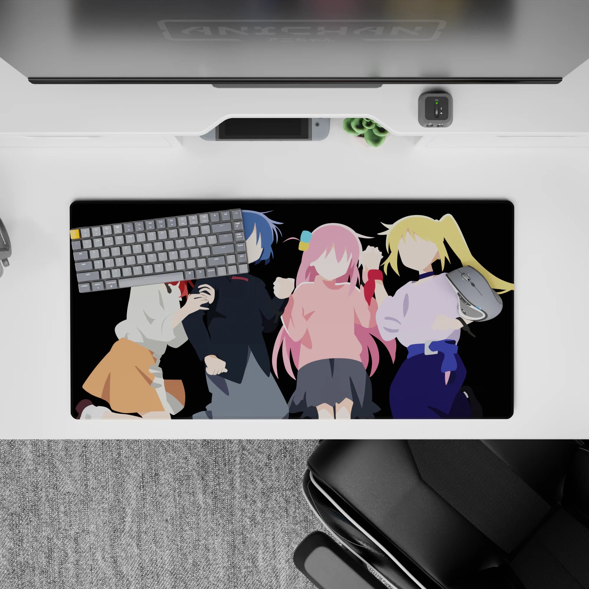 32x16 inches anime girl mouse pad in bold red, blue, pink, and blonde tones with a cozy confident vibe.
