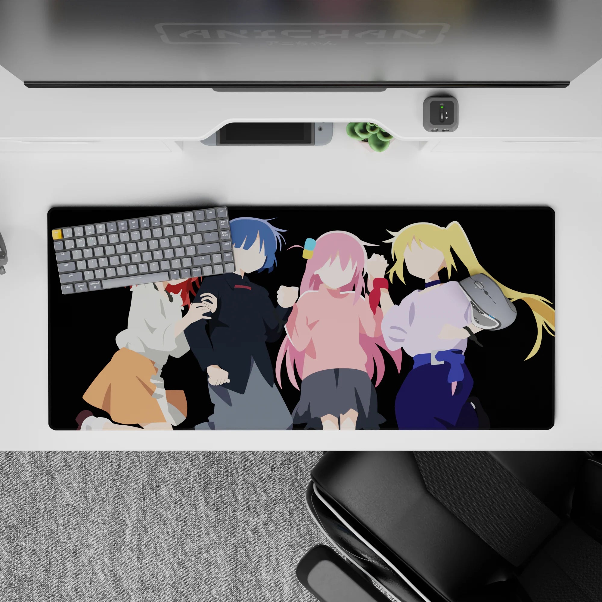 36x16 inches kawaii anime desk pad in bold red, blue, pink and blonde tones with a cozy confident vibe.