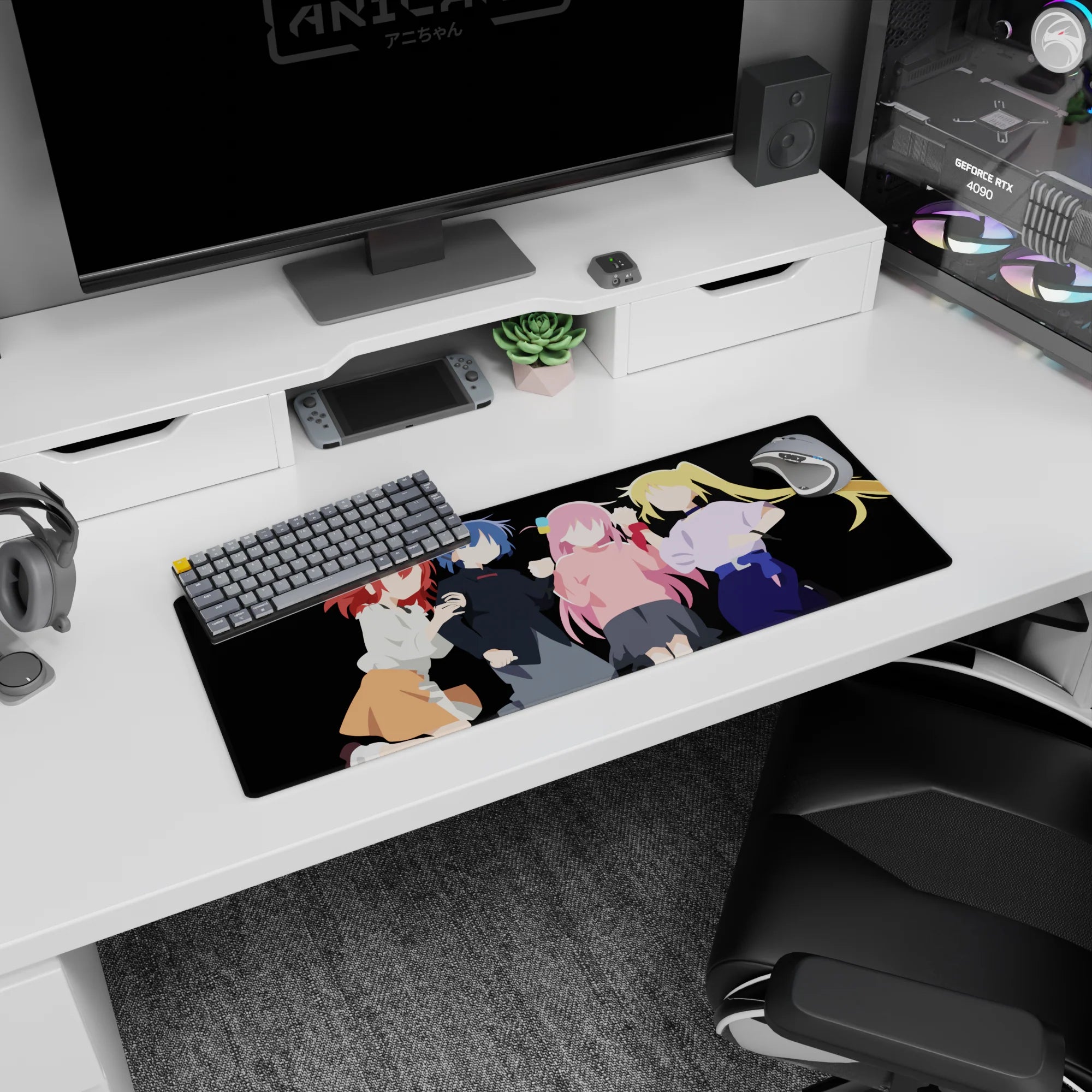 32x12 inches anime girl mouse pad showing red, blue, pink, and blonde girls posing in a cute lineup.