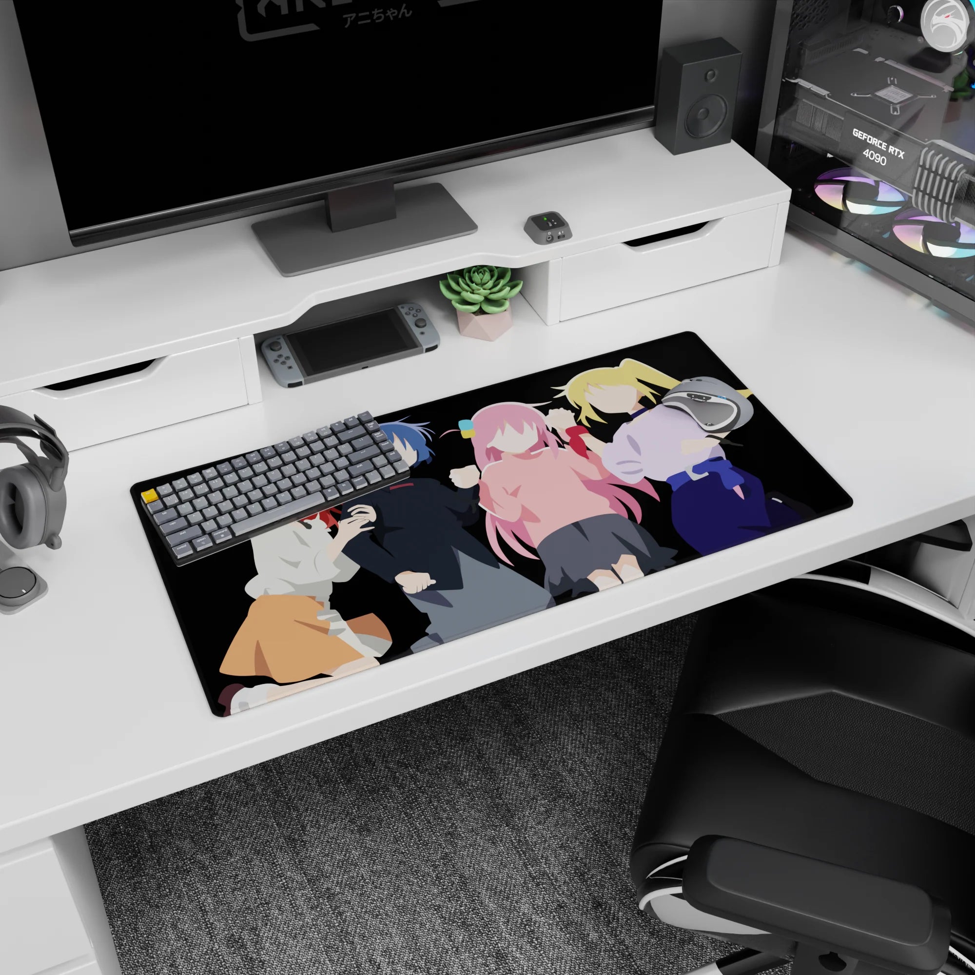32x16 inches anime girl mouse pad showing four cute girls posing together, one cheering with raised fists.