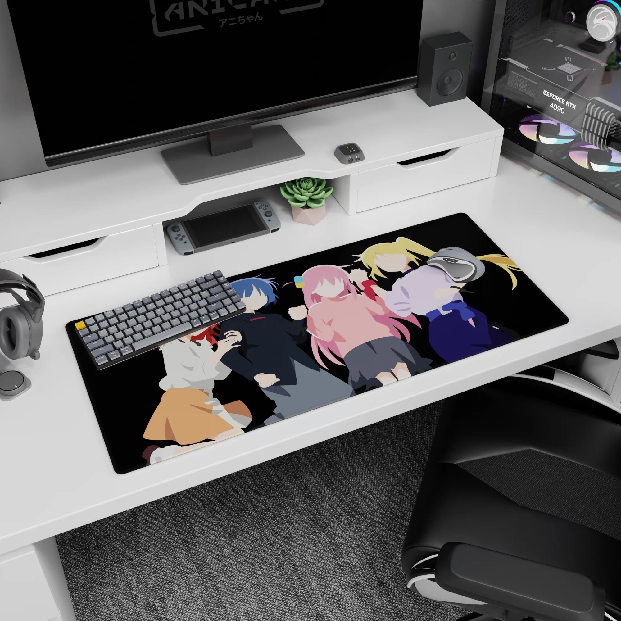 36x16 inches anime desk pad featuring four girls posing together: redhair, bluehair, pink, blonde twintails.