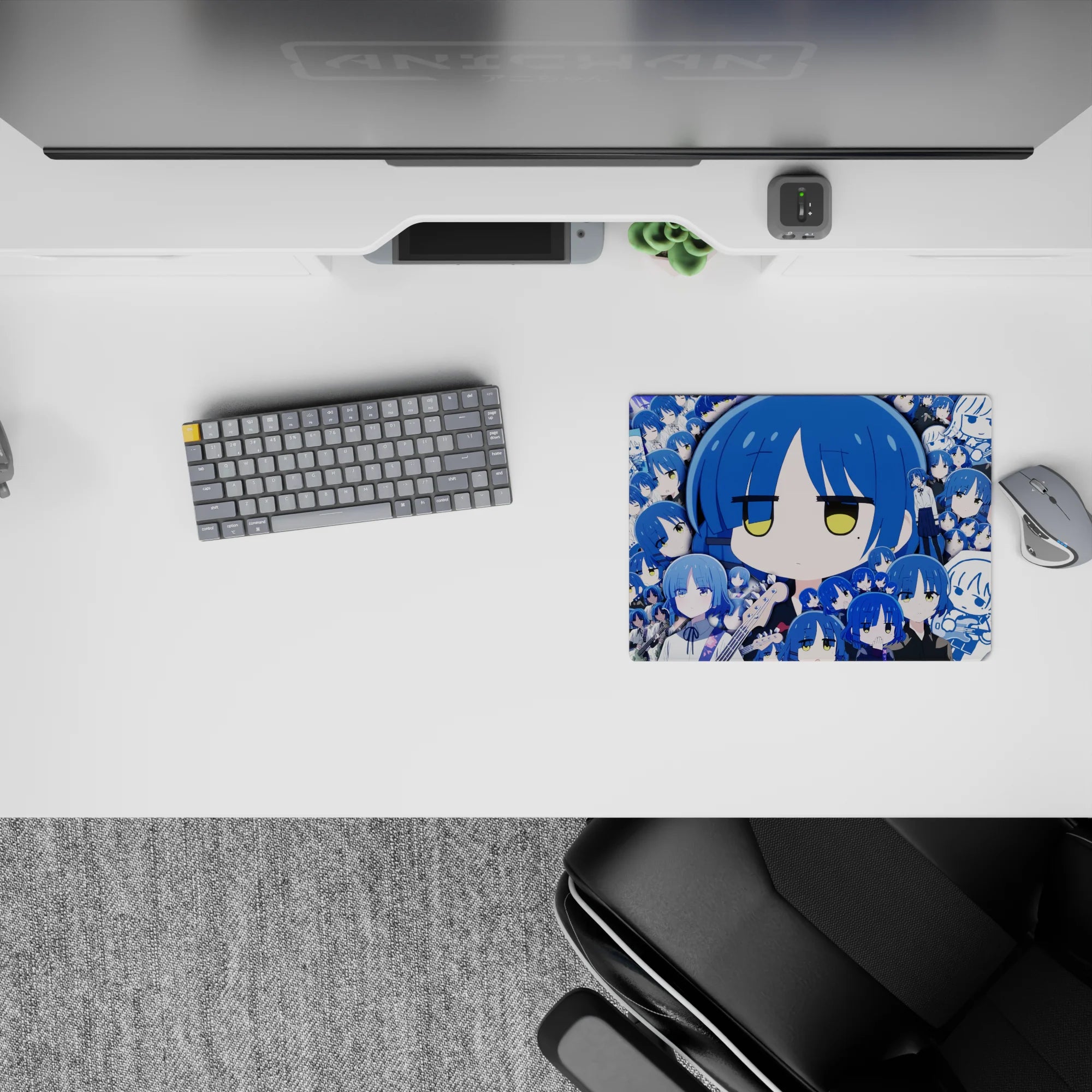 Blue-tone anime girl mouse pad 14x10 inches in cobalt and sky hues, calm deadpan vibe for desk use.