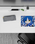 Blue-tone anime girl mouse pad 14x10 inches in cobalt and sky hues, calm deadpan vibe for desk use.