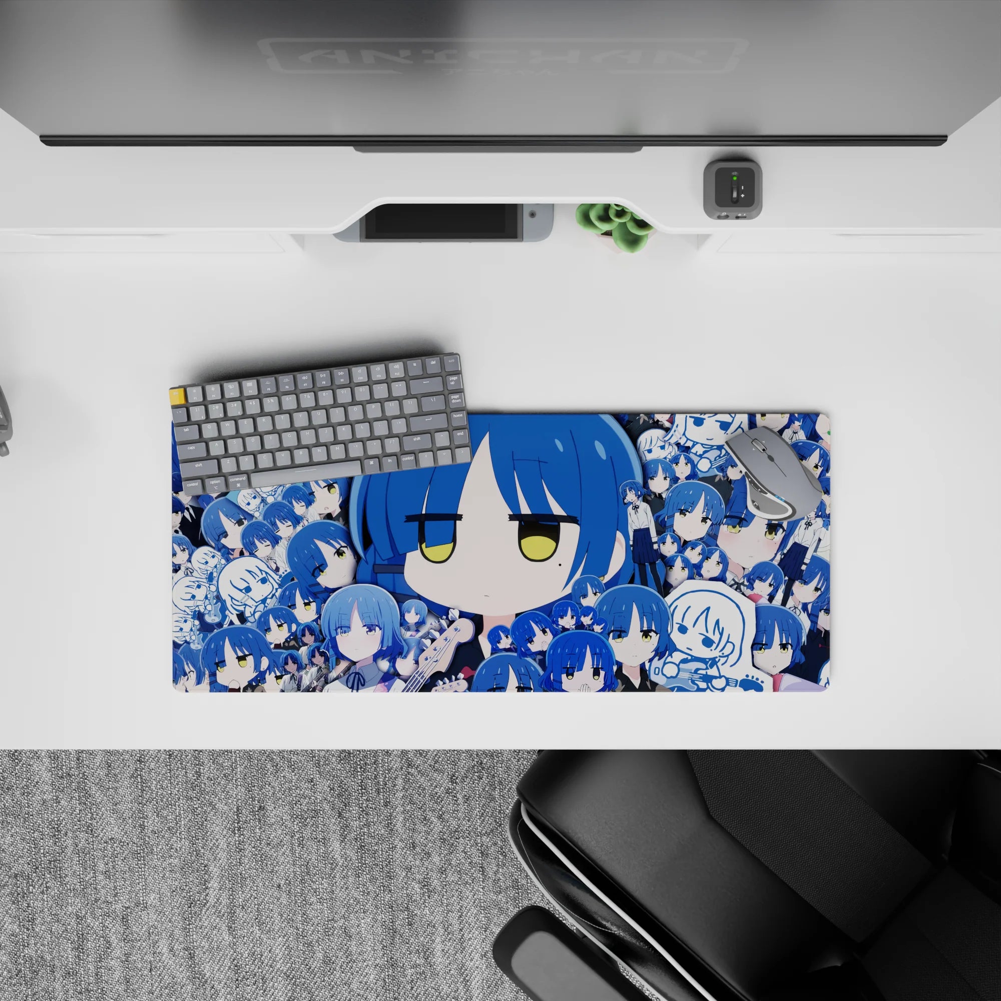 28x12 inches anime girl mouse pad in cobalt, sky, and ink blues with calm deadpan vibe and sleepy faces.