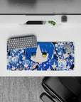 28x12 inches anime girl mouse pad in cobalt, sky, and ink blues with calm deadpan vibe and sleepy faces.