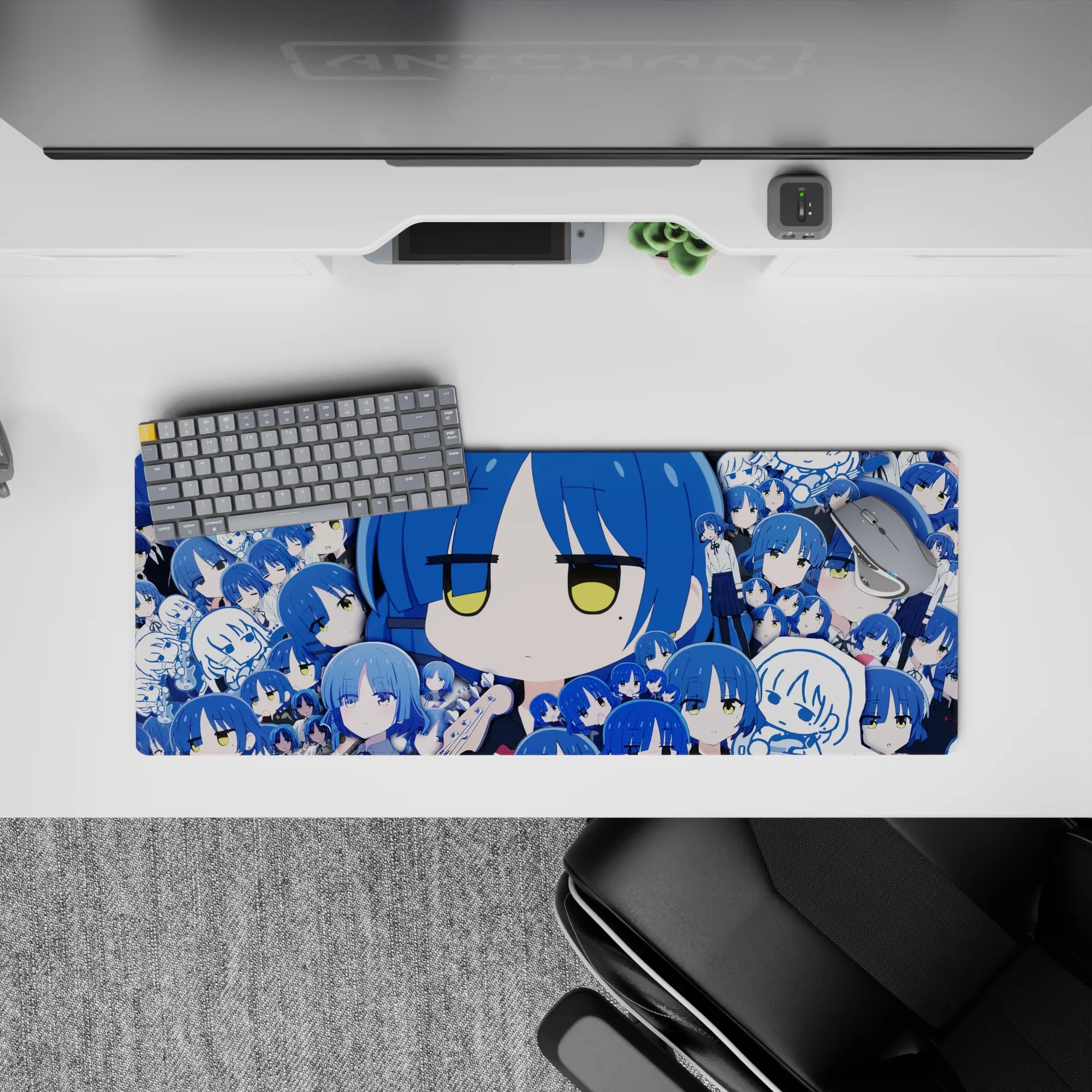 Cobalt and sky-blue anime girl mouse pad 32x12 inches, calm deadpan vibe with sleepy expressions and ink tones.