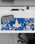 Cobalt and sky-blue anime girl mouse pad 32x12 inches, calm deadpan vibe with sleepy expressions and ink tones.