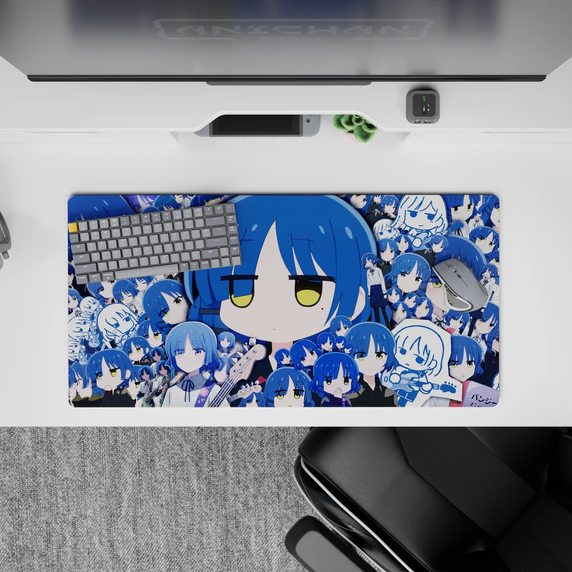 Cobalt and sky-blue anime girl mouse pad 32x16 inches with calm deadpan vibe, sleepy expressions, and uniform looks.