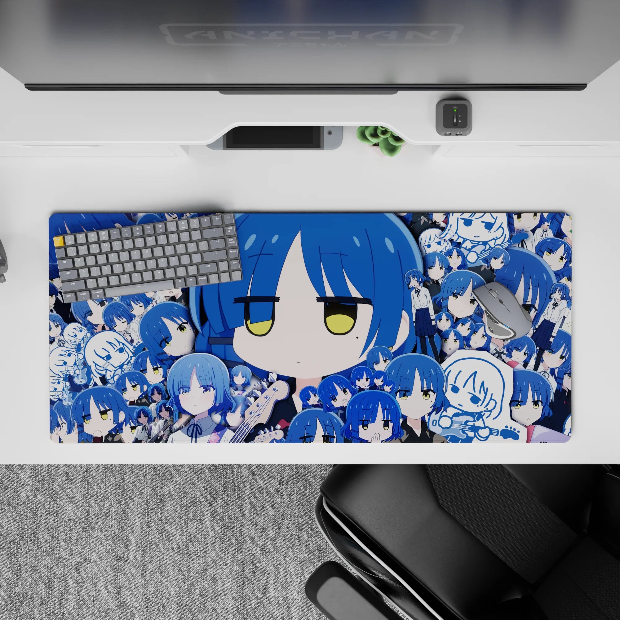 36x16 inches anime girl desk pad in cobalt and sky blues, calm deadpan vibe, smooth surface for fast swipes.