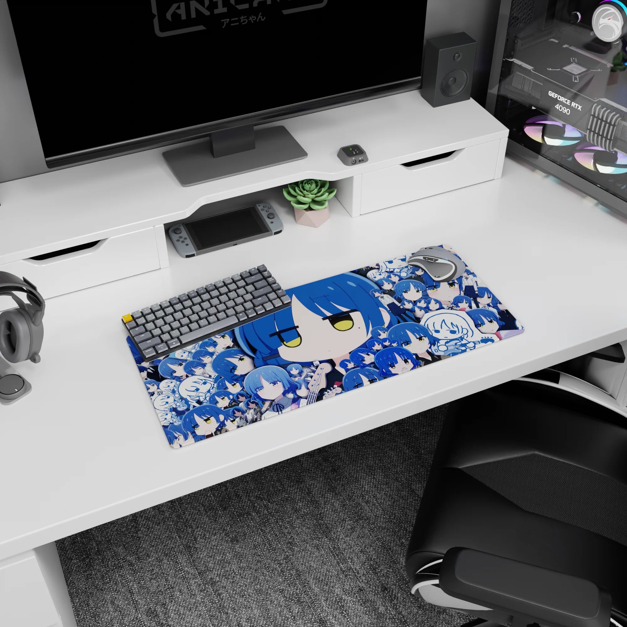 28x12 inches anime girl mouse pad with big blue-haired chibi face, half-lidded yellow eyes, desk-ready.