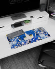 28x12 inches anime girl mouse pad with big blue-haired chibi face, half-lidded yellow eyes, desk-ready.
