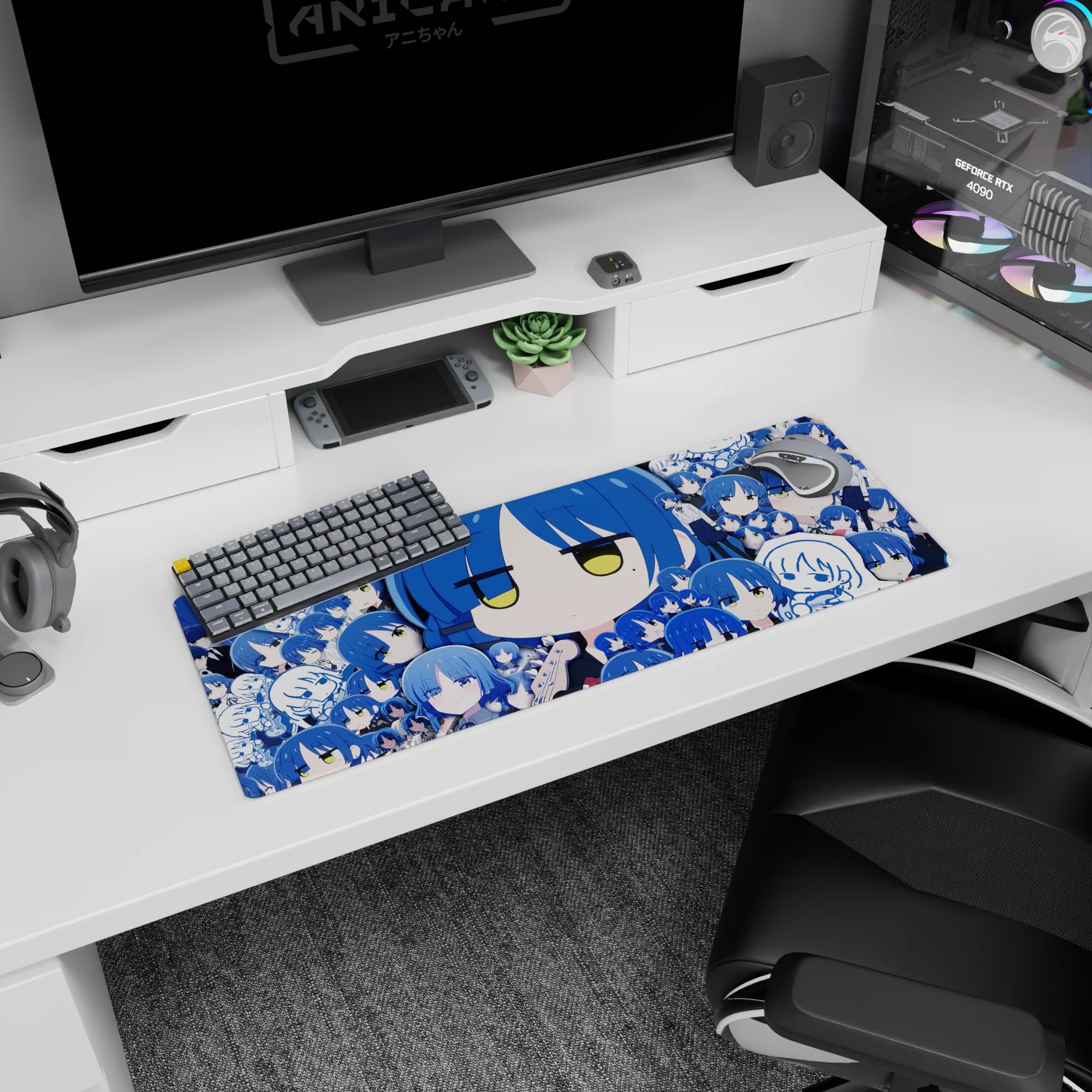 Big chibi blue-haired anime girl with half-lidded yellow eyes on mouse pad 32x12 inches, guitar cameo.