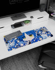 Big chibi blue-haired anime girl with half-lidded yellow eyes on mouse pad 32x12 inches, guitar cameo.