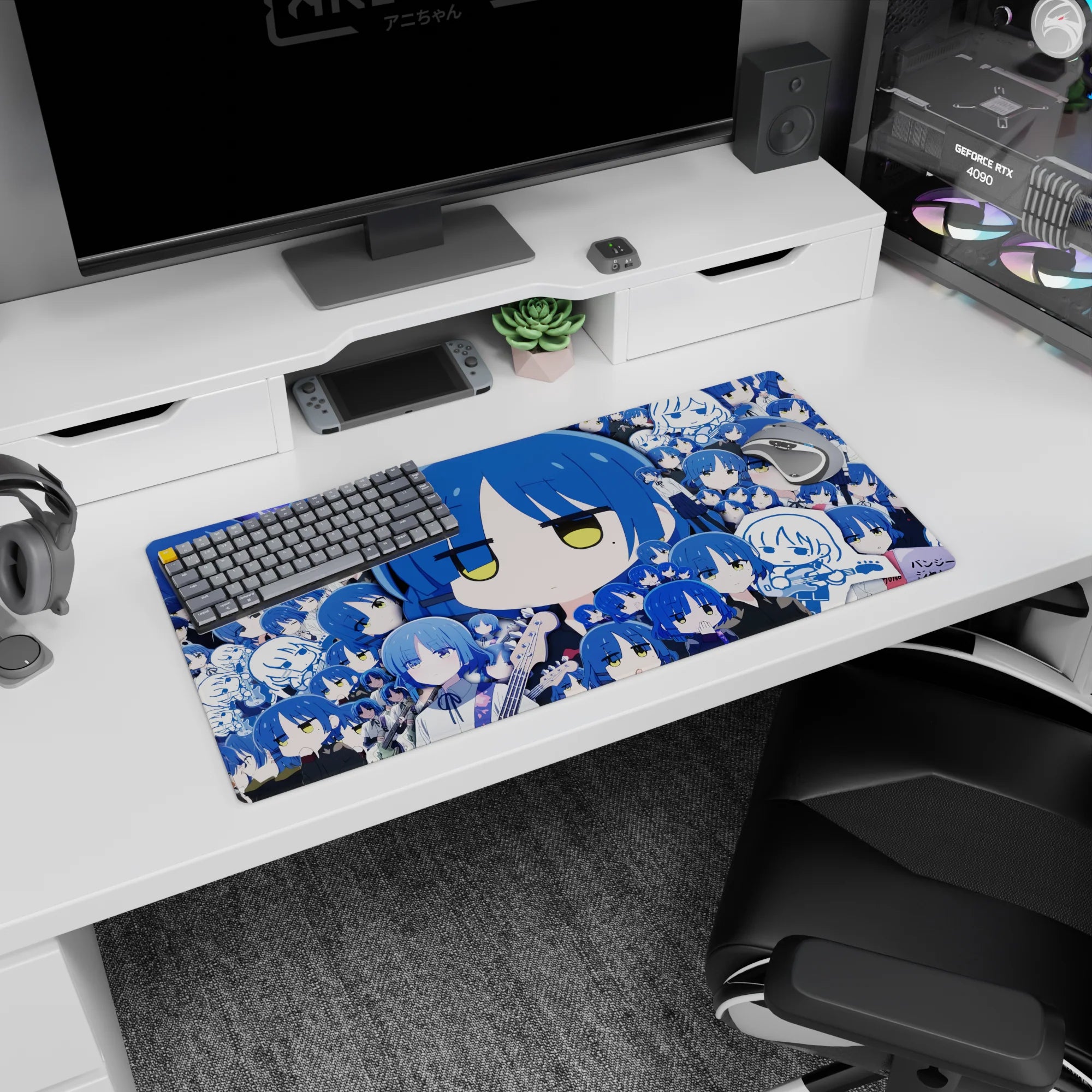 Deadpan blue-haired chibi anime girl front and center on mouse pad 32x16 inches, half-lidded yellow eyes.