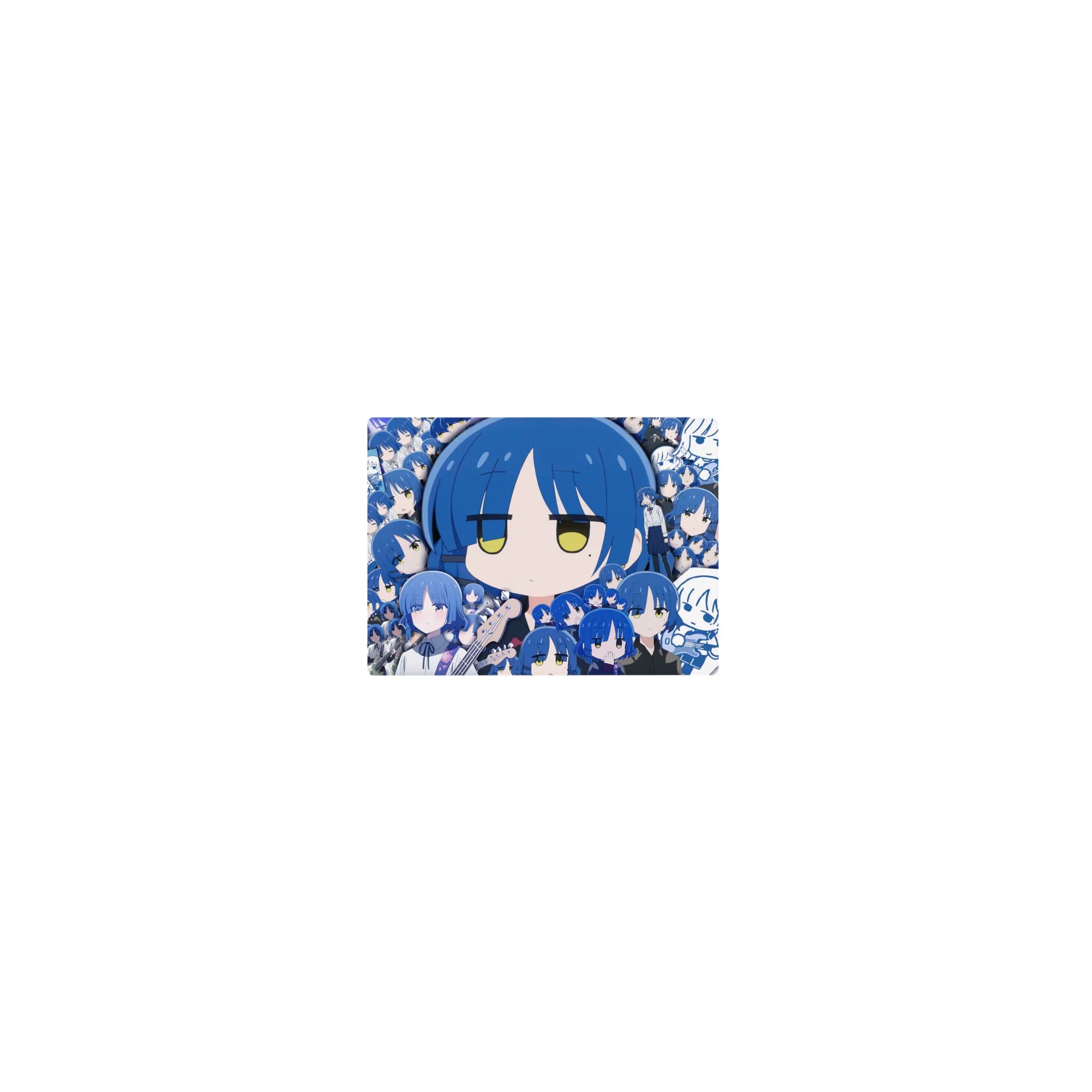 Classic anime girl mouse pad 14x10 inches with blue-haired chibi collage, doodle panels, school outfits.