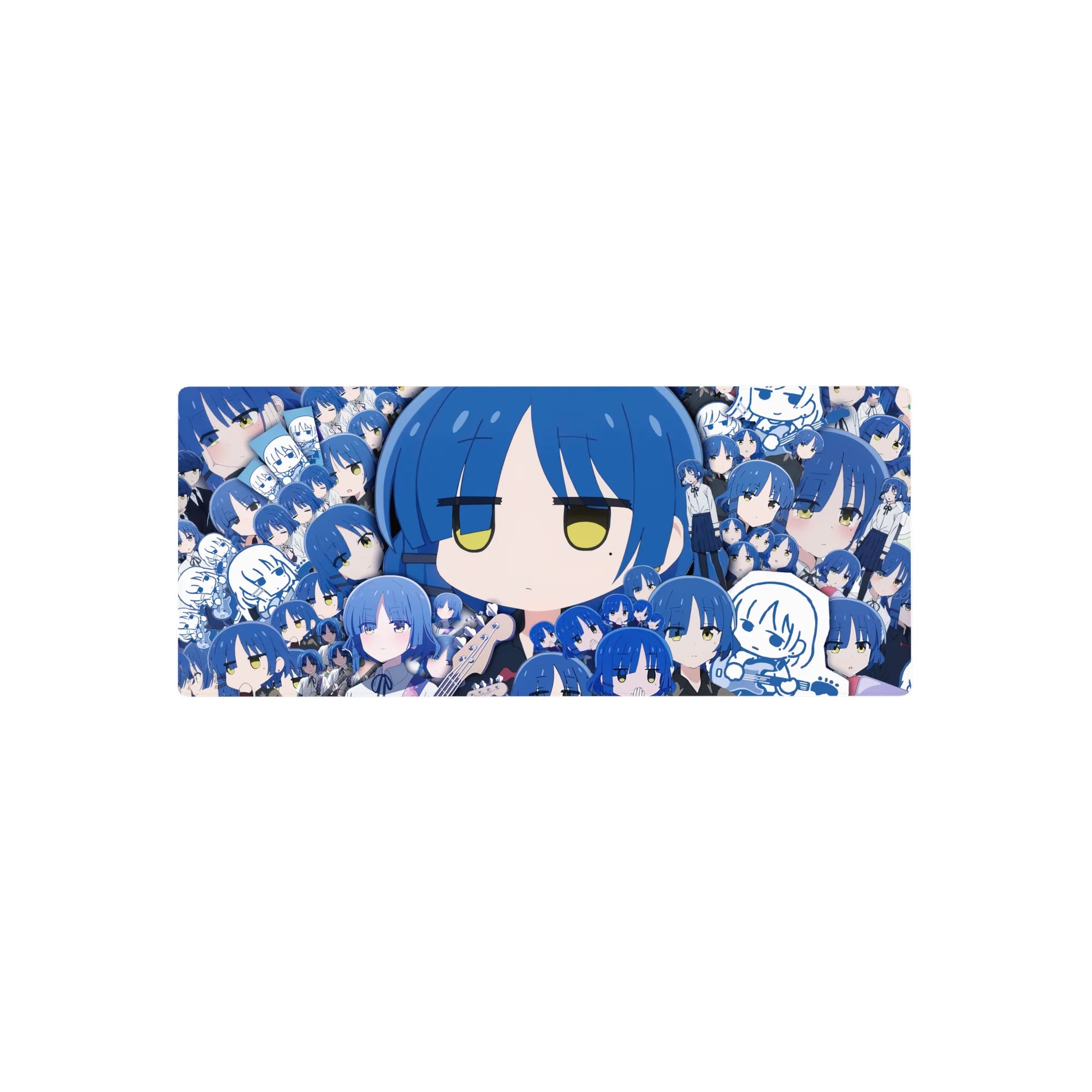 28x12 inches anime girl mouse pad with blue-haired chibi collage, doodle panels, school uniforms, guitar cameo.
