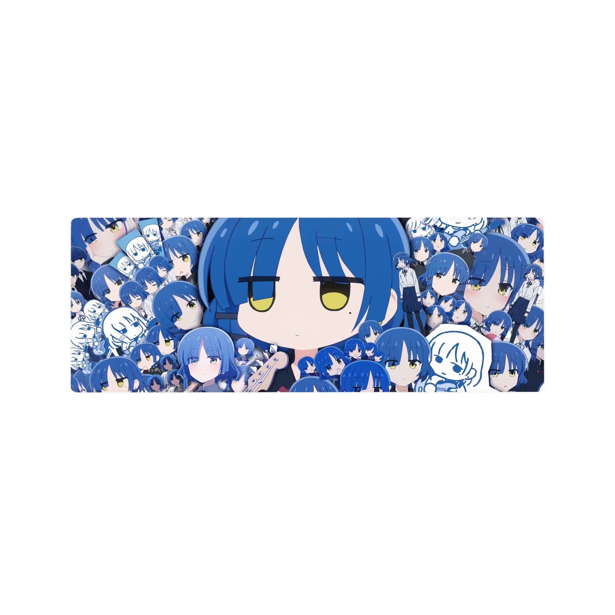 Collage-style anime girl mouse pad 32x12 inches with blue-haired chibi faces, doodle panels, school uniforms.