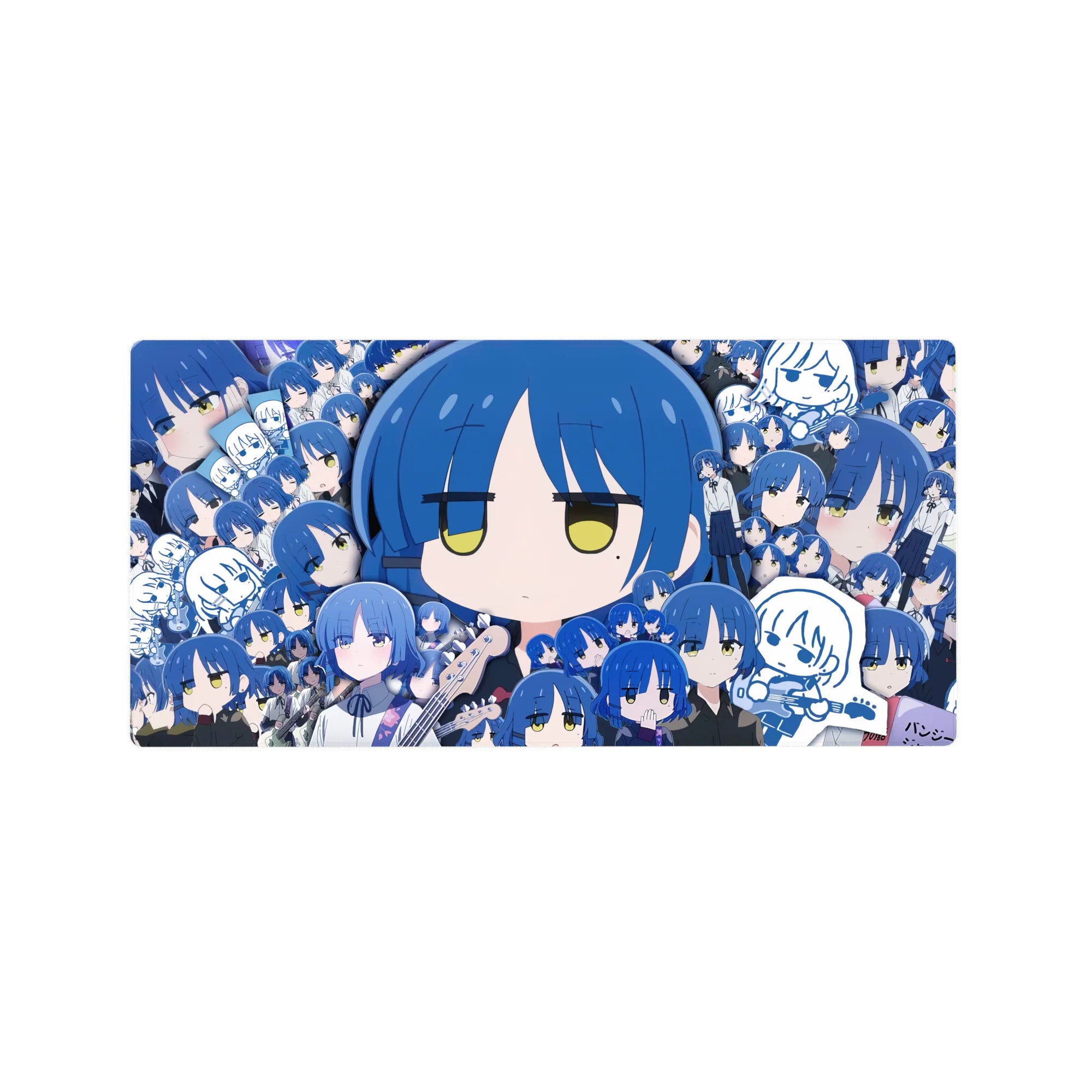 Collage-style anime girl mouse pad 32x16 inches with blue-haired chibi faces, doodle panels, and guitar cameo.