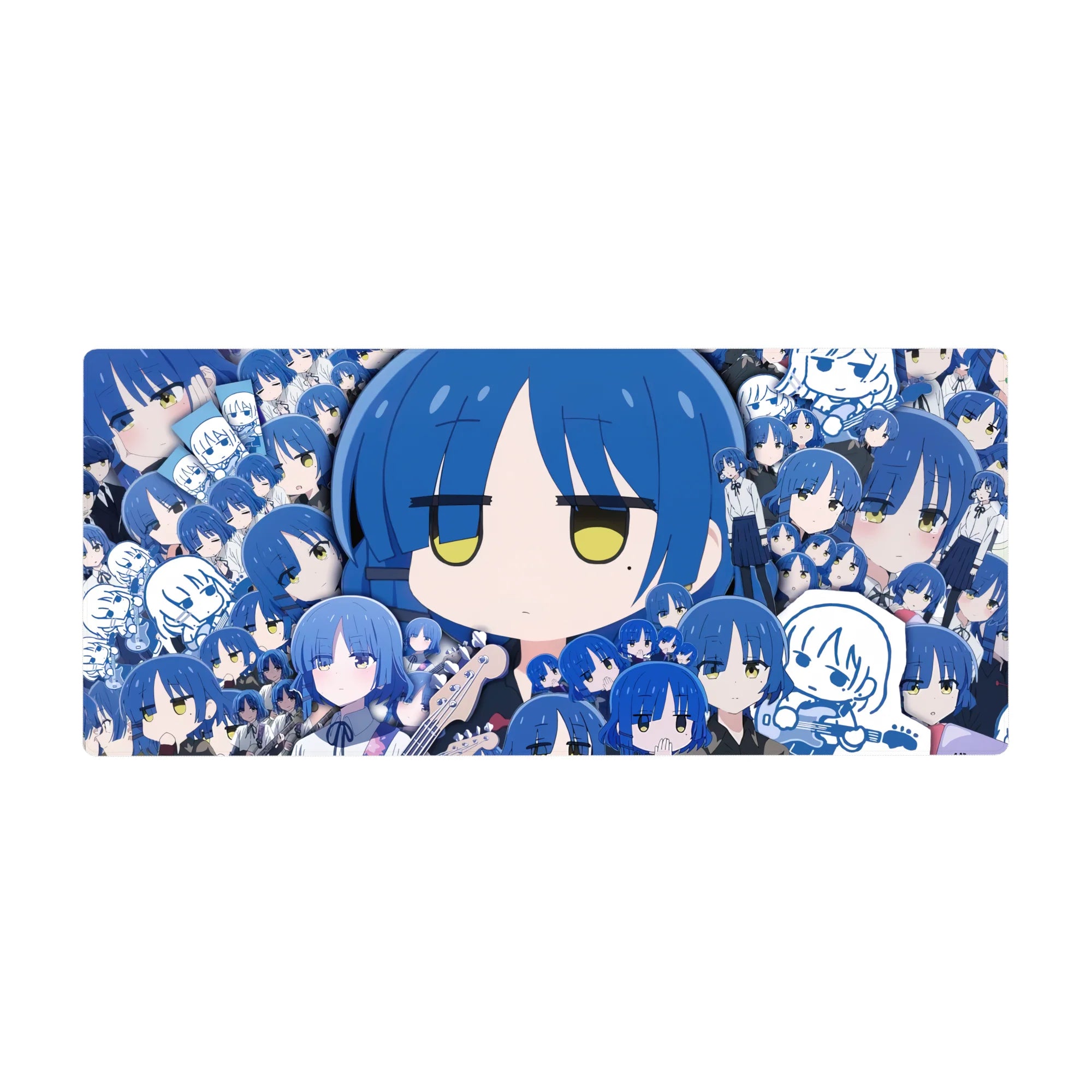 36x16 inches anime girl desk pad with blue-haired chibi collage, doodle panels, uniform looks, guitar cameo.