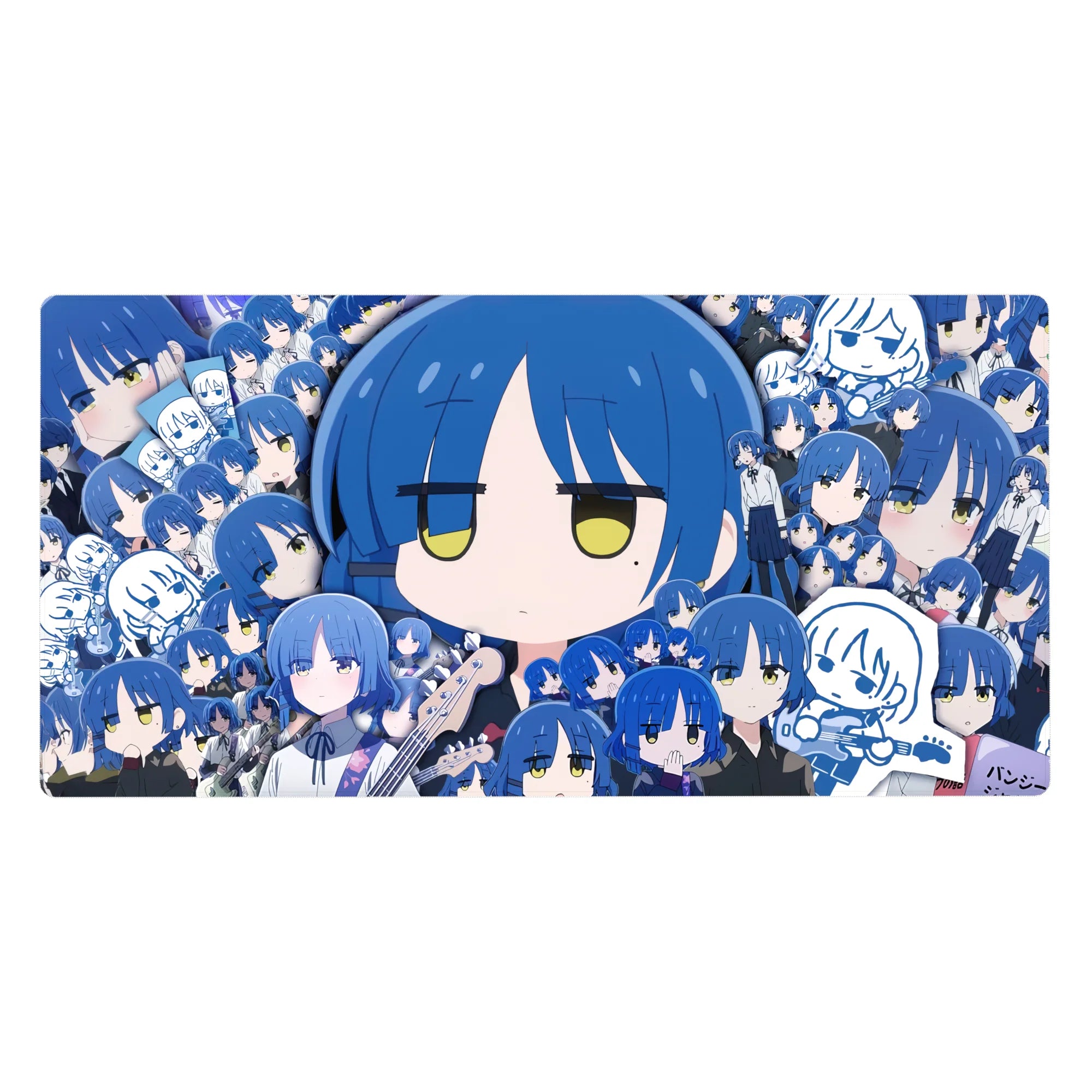 Collage-style anime girl desk pad 40x20 inches with blue-haired chibi faces, doodles, and mini portraits.