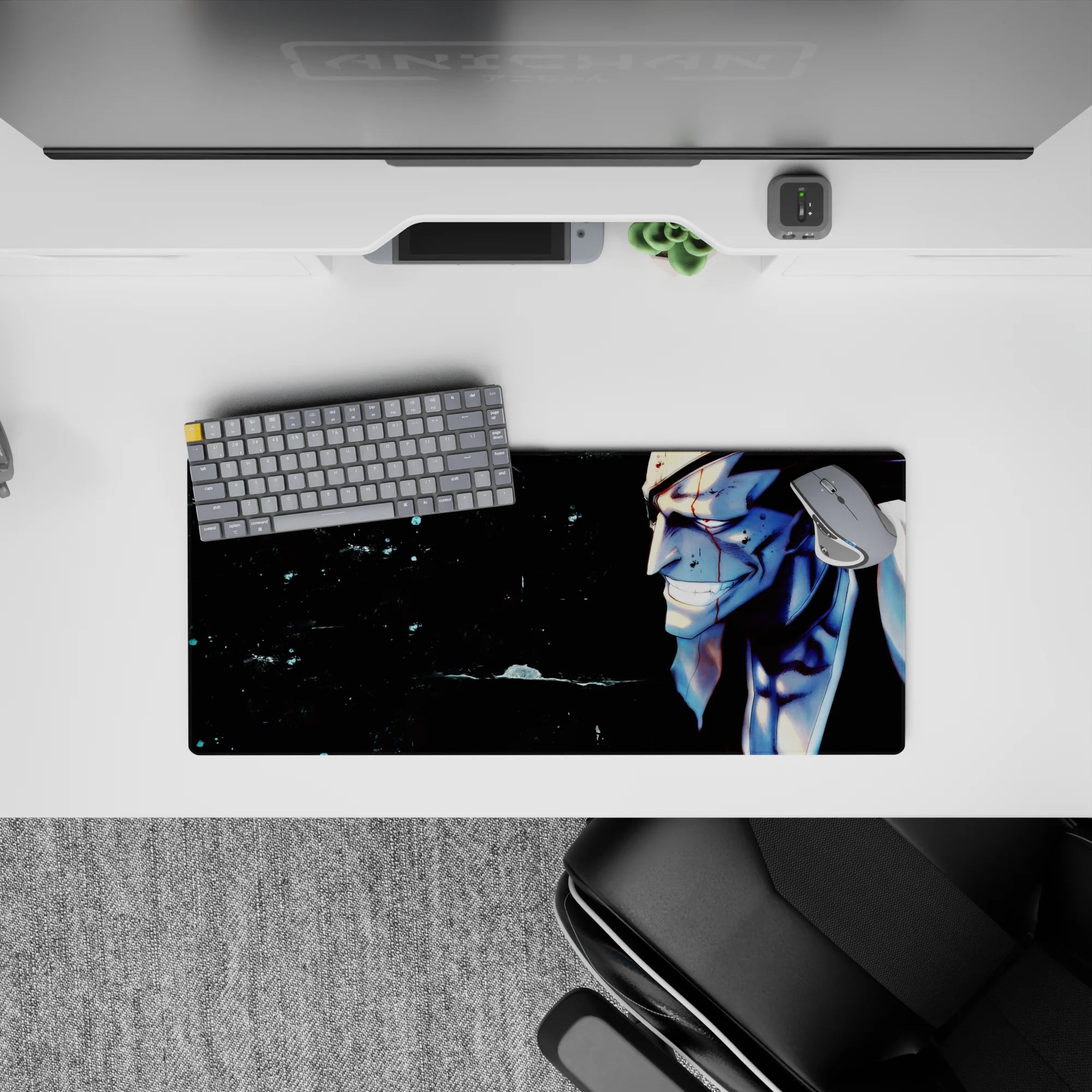 Anime mouse pad 28x12 inches featuring Bleach's Kenpachi Zaraki with blood and shadows, exuding raw intensity.