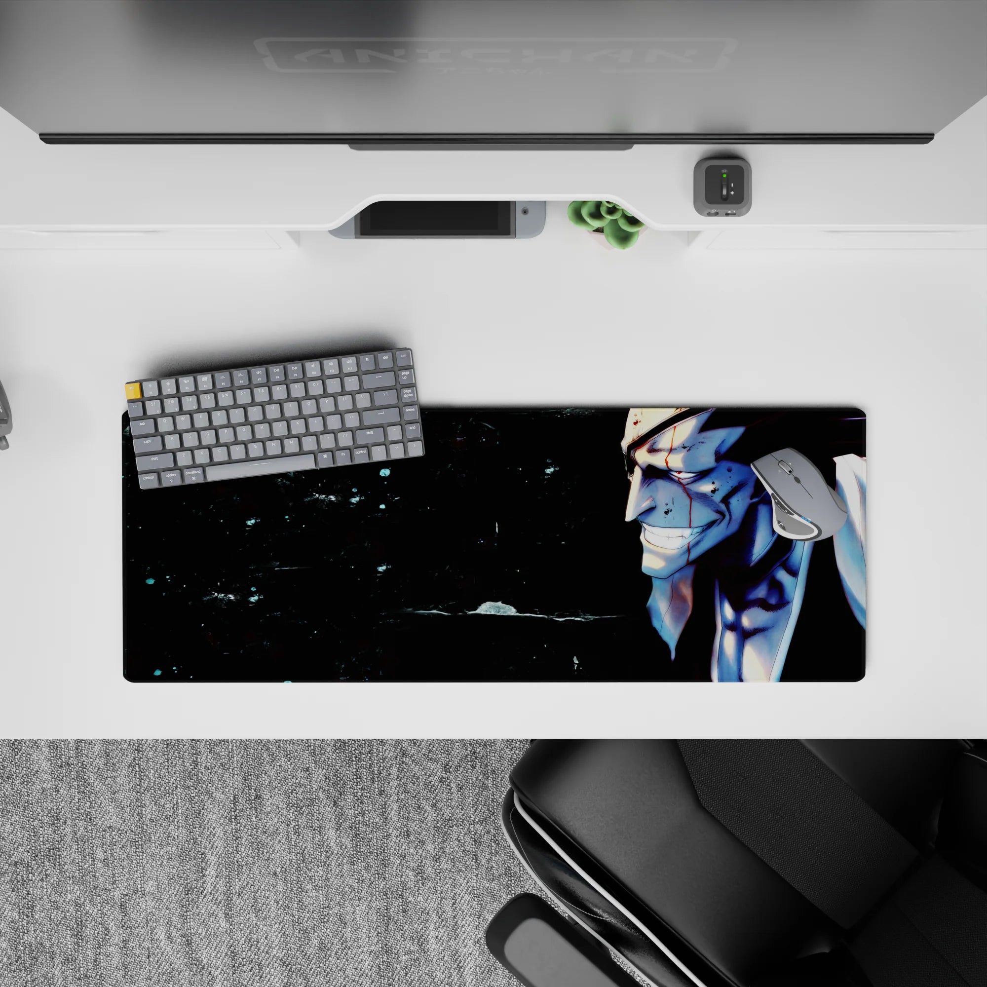 Kenpachi Zaraki from Bleach anime mouse pad, 32x12 inches, with intense expression, blood, and shadowed background.