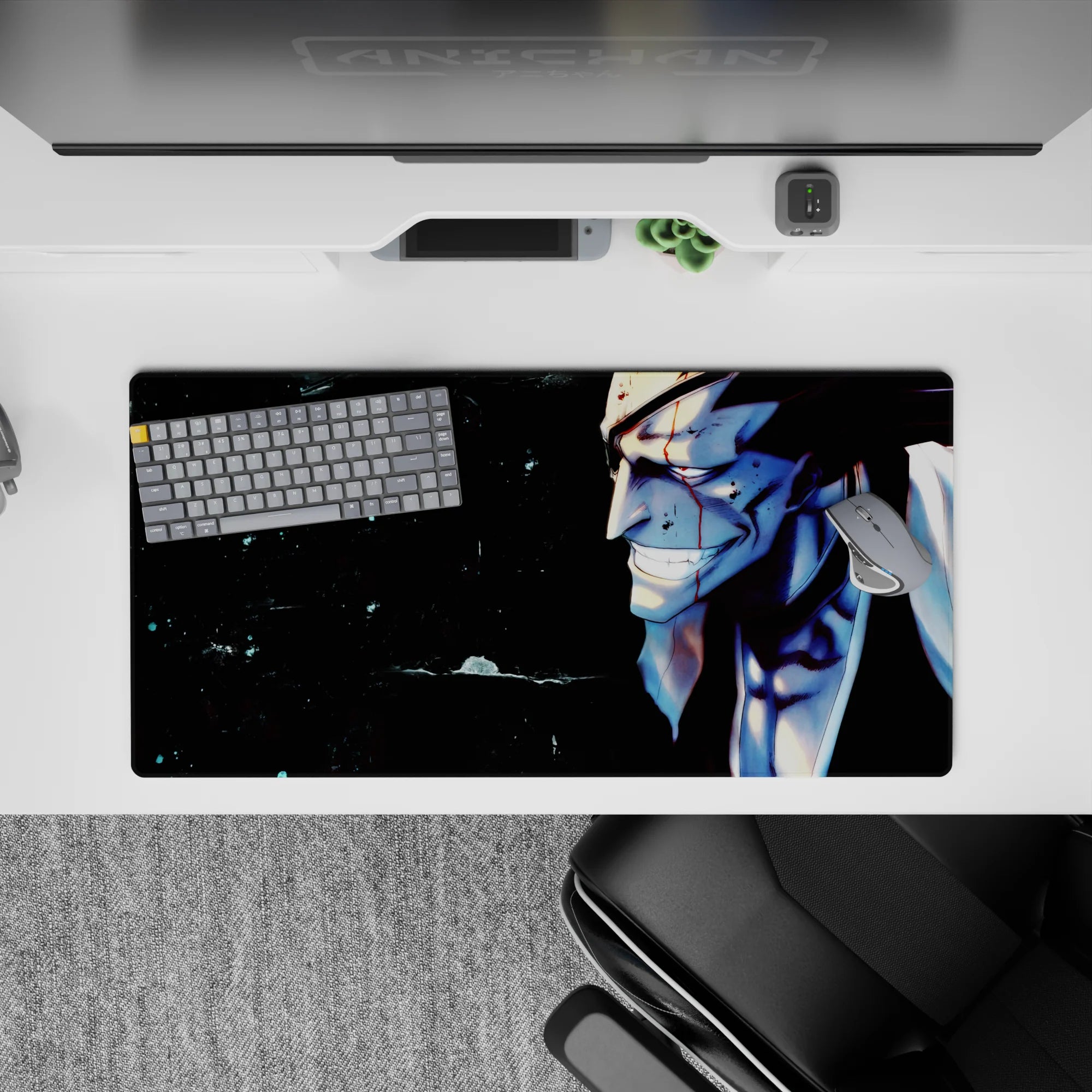 Anime mouse pad 32x16 inches featuring Bleach's Kenpachi Zaraki with blood, intense expression, and bold colors.