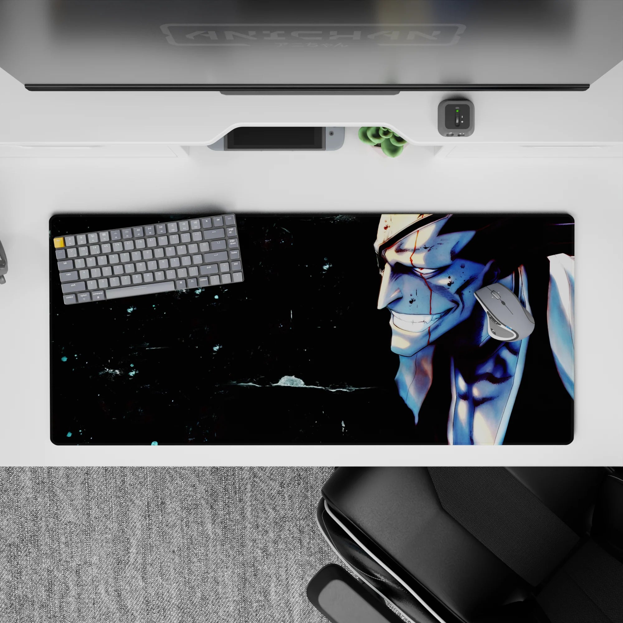 Bleach anime desk pad 36x16 inches featuring Kenpachi Zaraki with a fierce grin, blood details, and intense shadows.