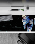 Bleach anime desk pad 36x16 inches featuring Kenpachi Zaraki with a fierce grin, blood details, and intense shadows.
