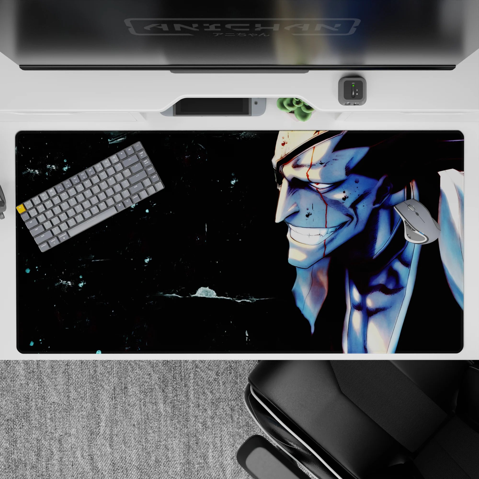 Anime mouse pad 40x20 inches featuring Bleach's Kenpachi Zaraki with bloodied face and intense gaze.