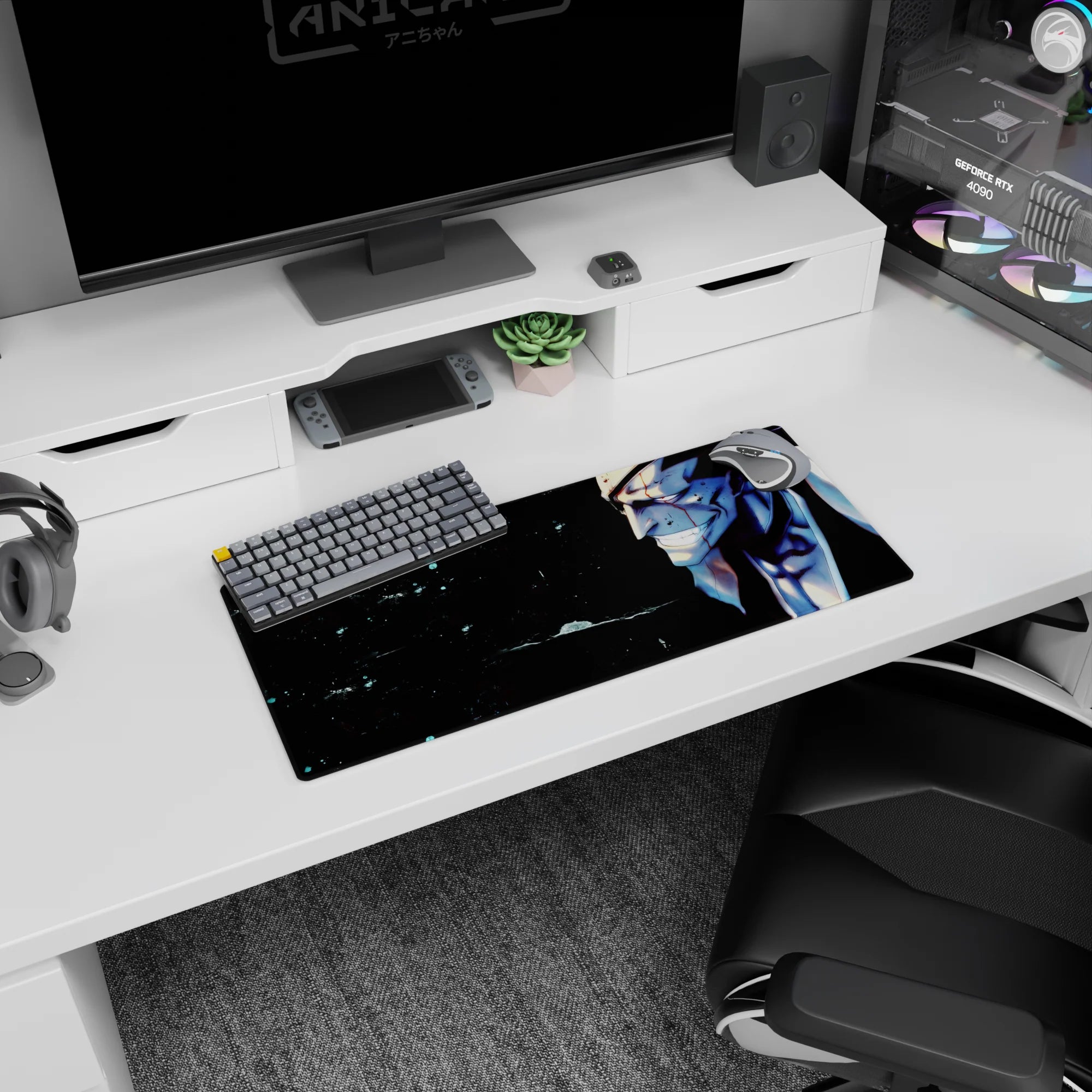 Anime mouse pad 28x12 inches featuring Bleach's Kenpachi Zaraki with blood on face, intense eyes, and wild grin.