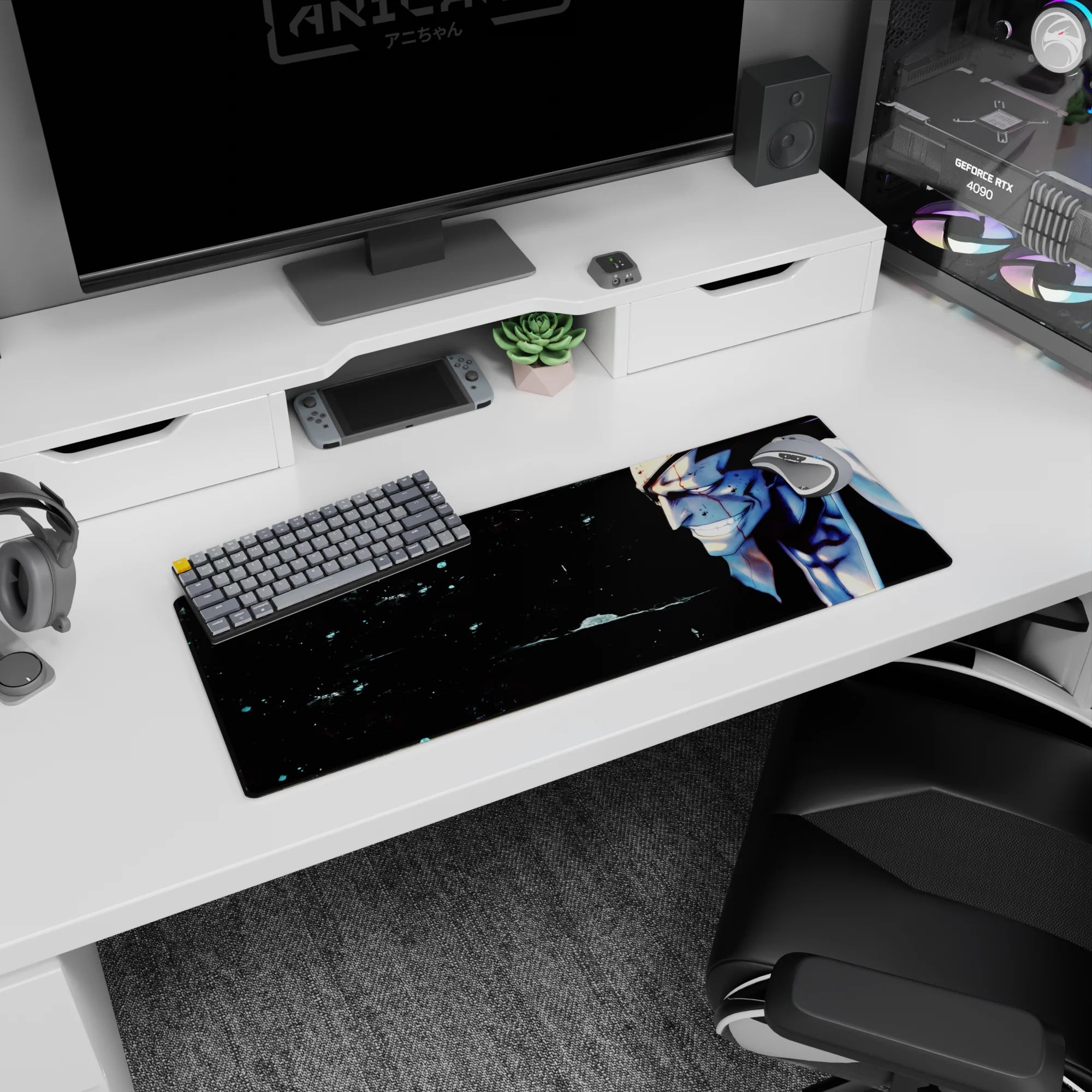 Kenpachi Zaraki from Bleach on a 32x12 inch mouse pad, displaying a fierce grin, blood-streaked face, and intense gaze.