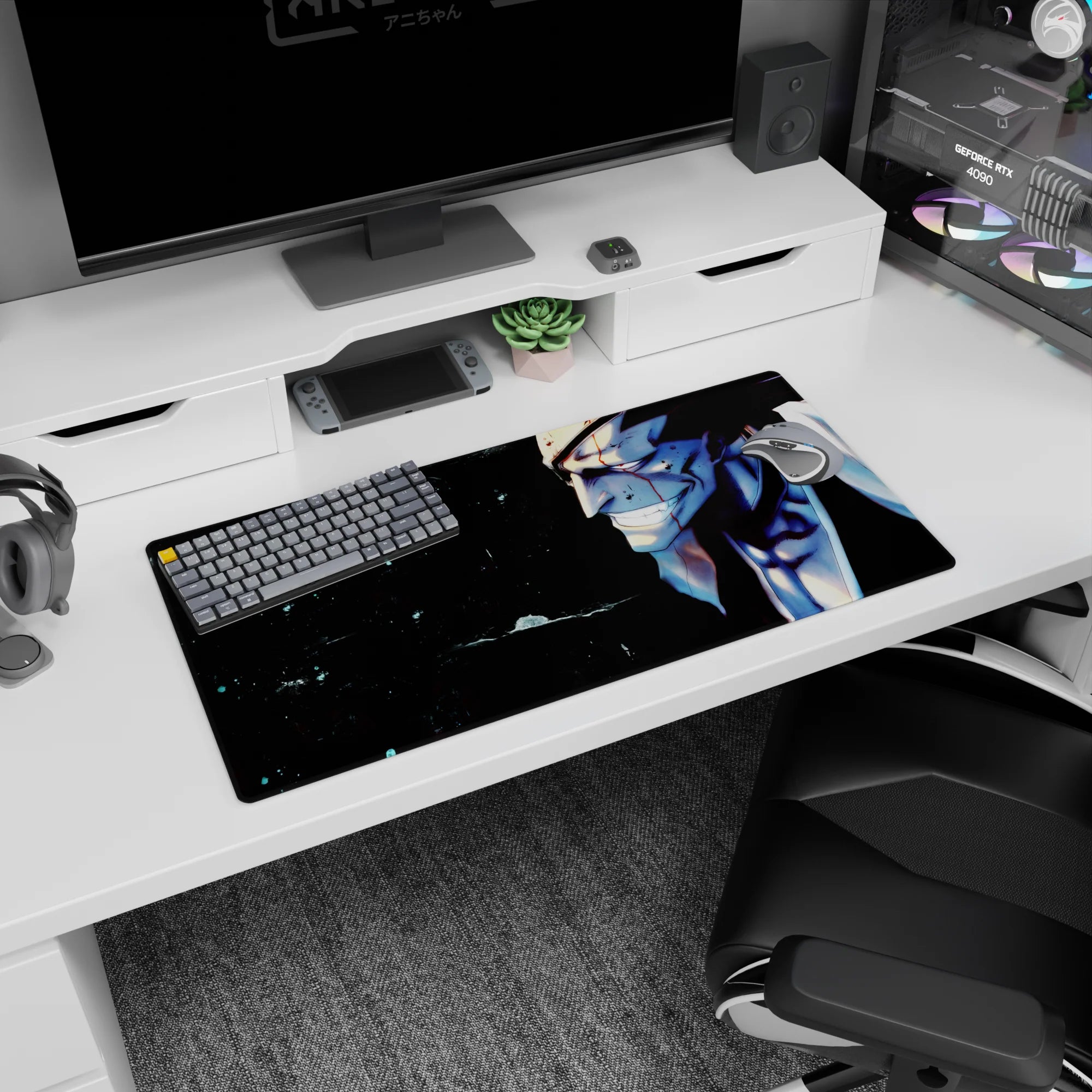 Anime mouse pad 32x16 inches featuring Bleach's Kenpachi Zaraki with blood on face, intense expression, dark background.