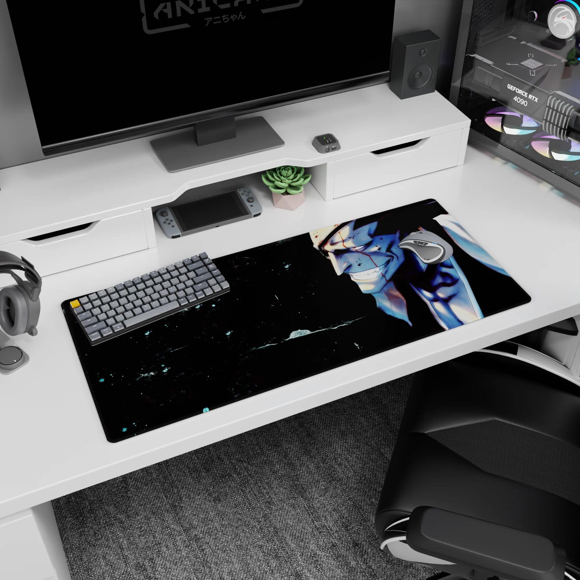 Kenpachi Zaraki anime desk pad 36x16 inches; features intense Bleach character with blood, shadows, and wild smile.