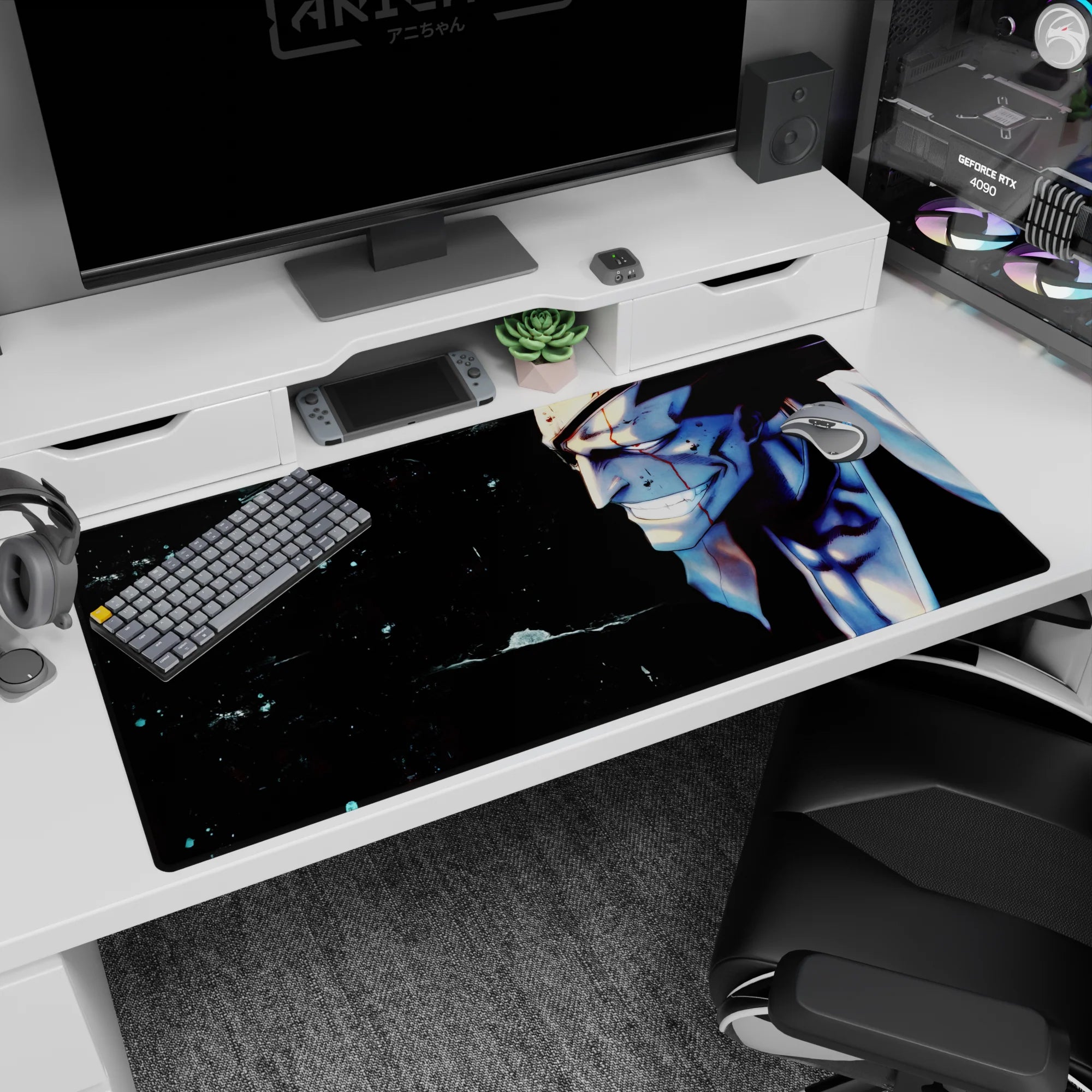 Anime desk pad featuring Bleach's Kenpachi Zaraki with blood and intensity, size 40x20 inches.