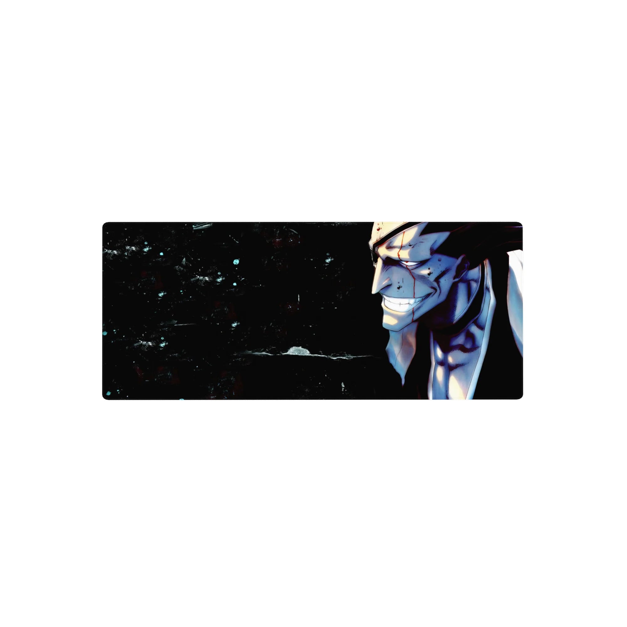 Anime mouse pad 28x12 inches featuring Bleach's Kenpachi Zaraki with bloodied face, intense stare, and chaotic aura.