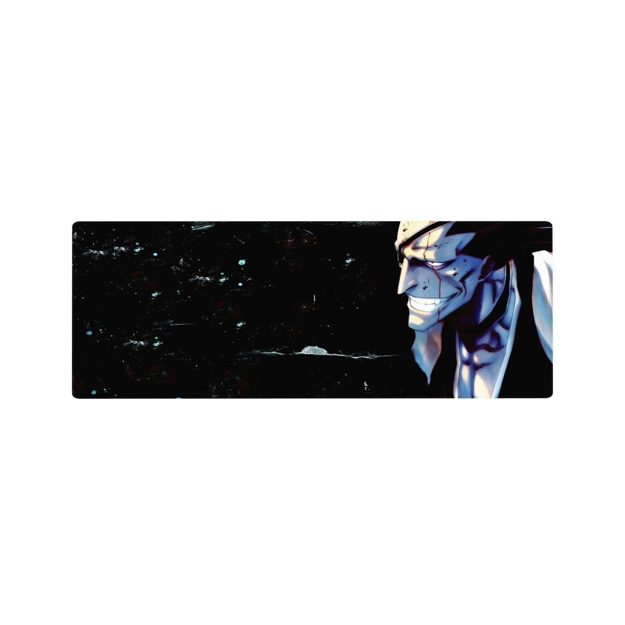 Kenpachi Zaraki anime mouse pad 32x12 inches featuring Bleach's fierce character with blood, blue shadows, and intense gaze.