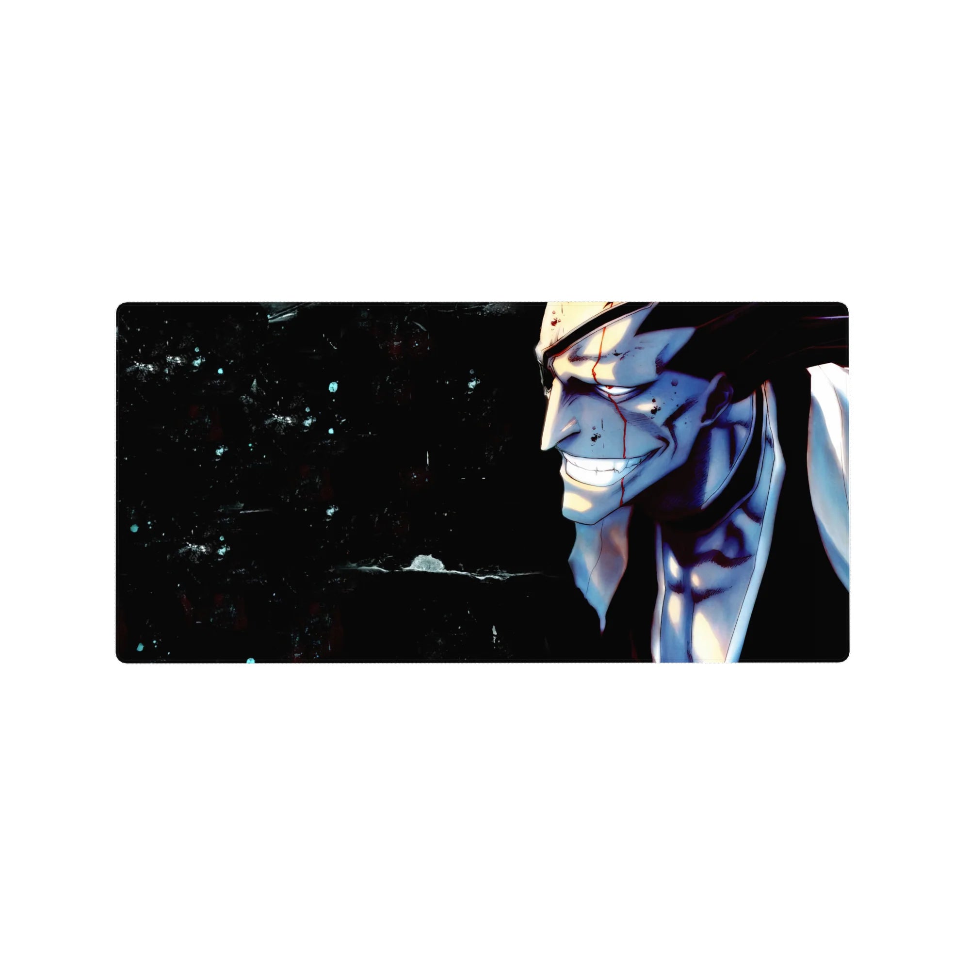 Anime mouse pad 32x16 inches featuring Bleach's Kenpachi Zaraki with bloodied face and intense expression in dark background.