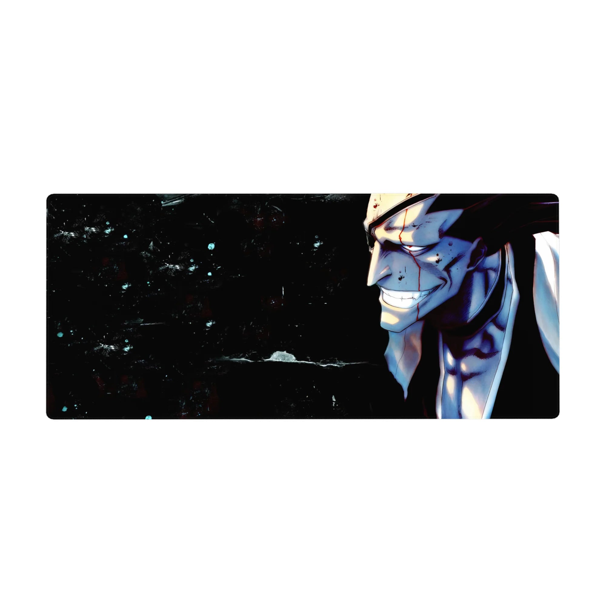Kenpachi Zaraki from Bleach anime on 36x16 inch desk pad, intense expression with blood and shadows, powerful and dynamic.