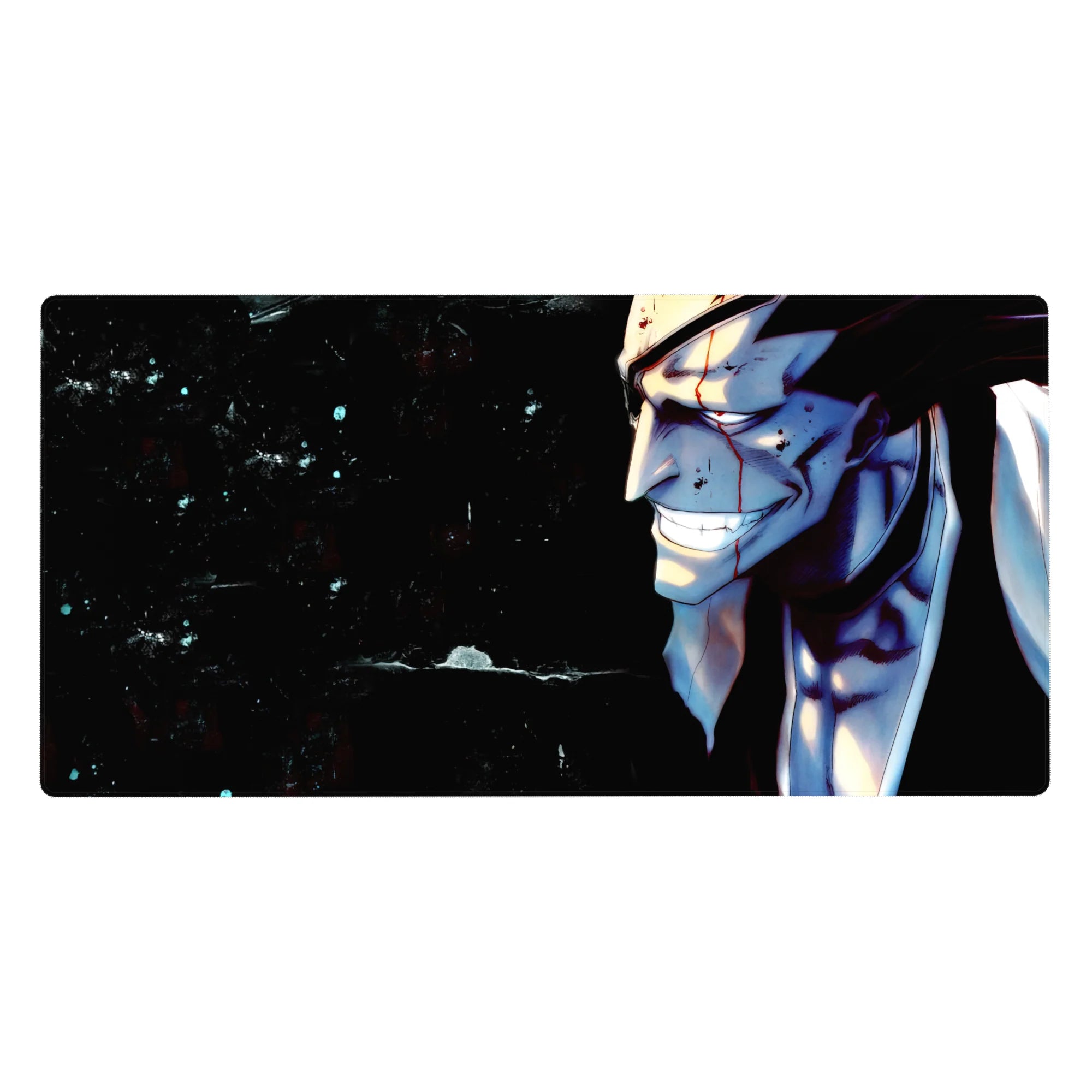Bleach mouse pad featuring Kenpachi Zaraki's fierce grin, intense colors, 40x20 inches, perfect for anime fans.
