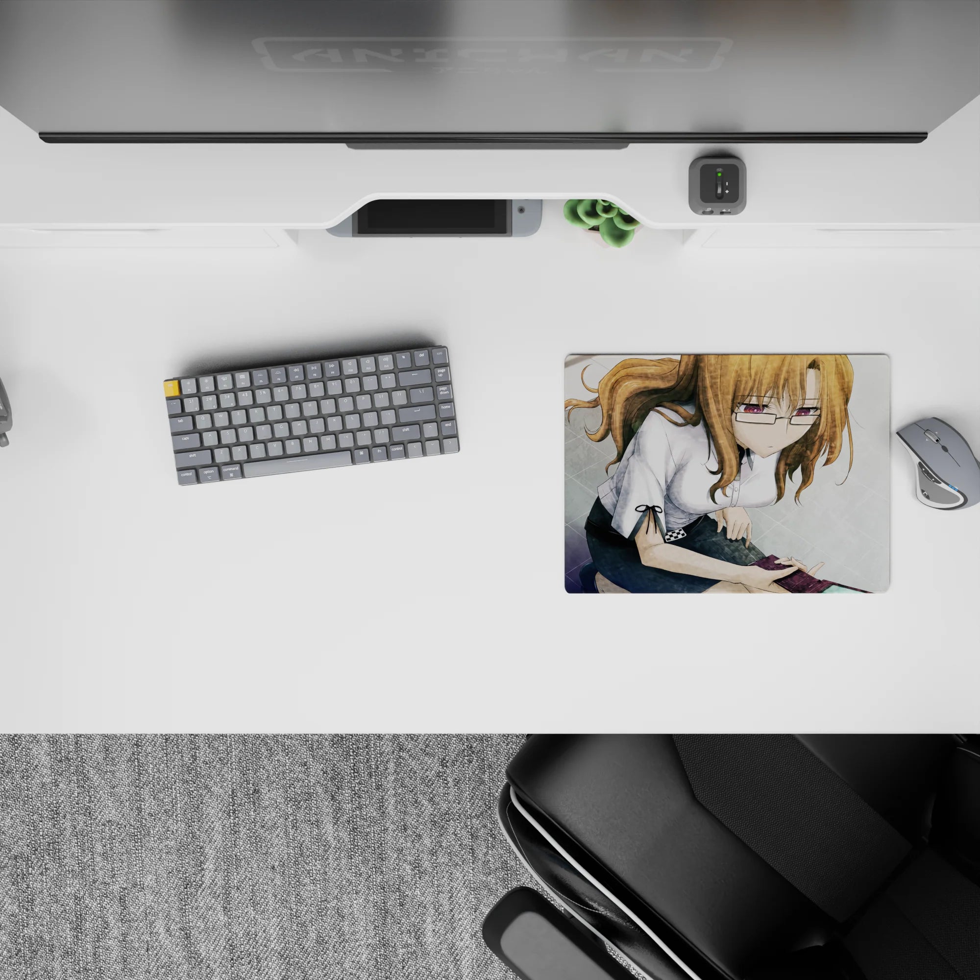 Cozy violet-glint glasses on warm chestnut hair over soft grayscale tiles, anime mouse pad 14x10 inches.