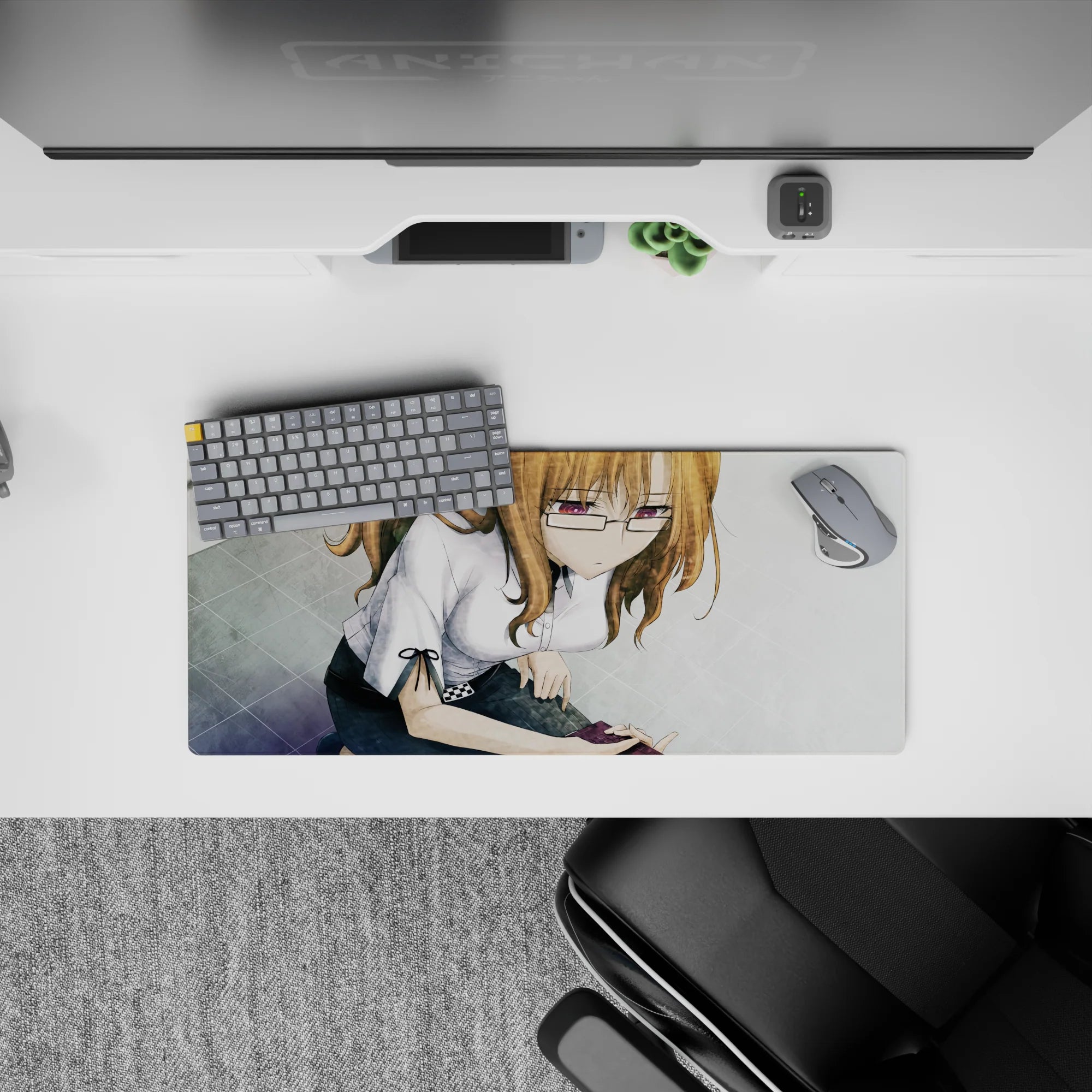 Cozy violet-glow vibe anime girl mouse pad 28x12 inches in soft grayscale with warm chestnut accents.