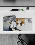 Cozy violet-glow vibe anime girl mouse pad 28x12 inches in soft grayscale with warm chestnut accents.