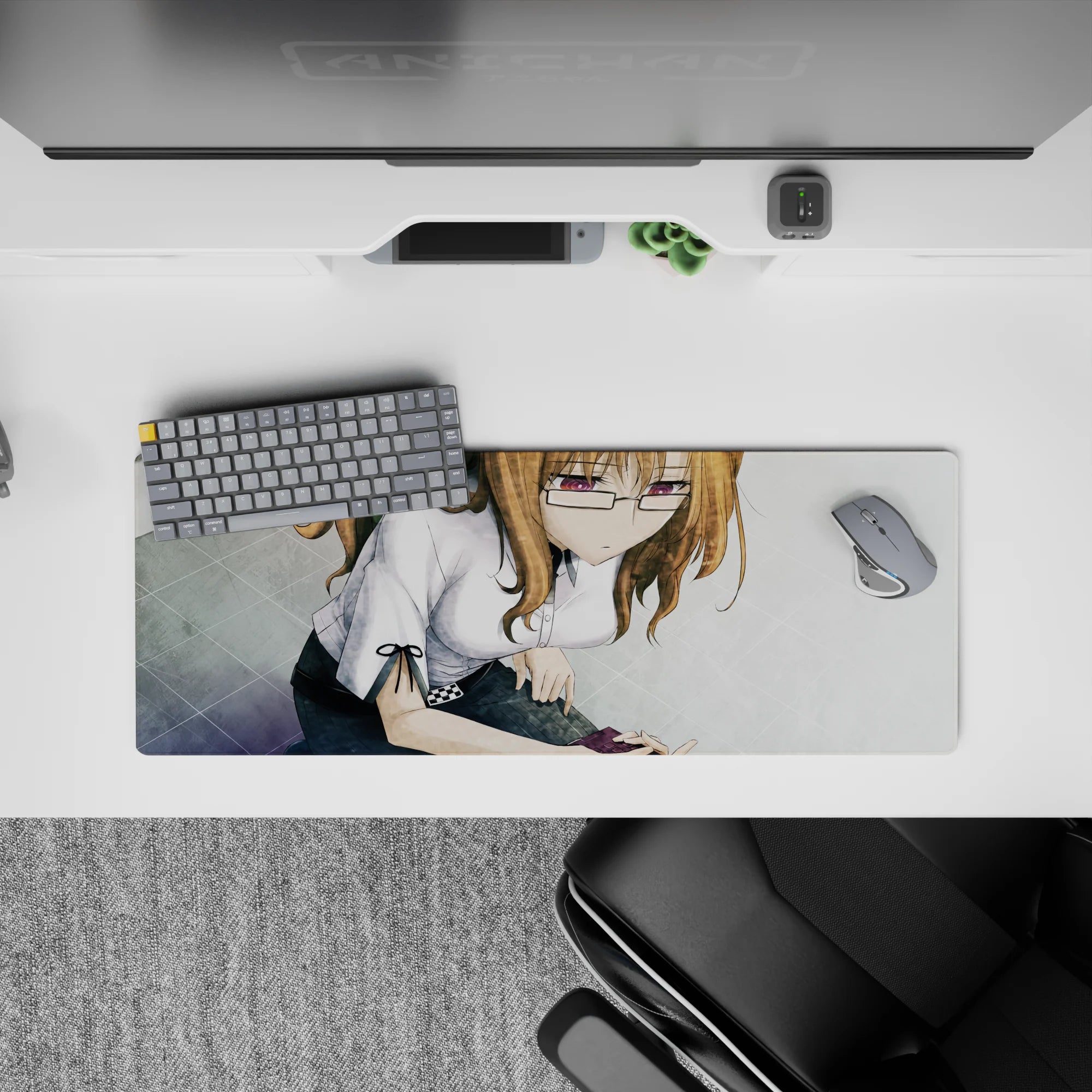 32x12 inches anime girl mouse pad in soft grayscale with warm chestnut hair and a subtle violet lens glow.